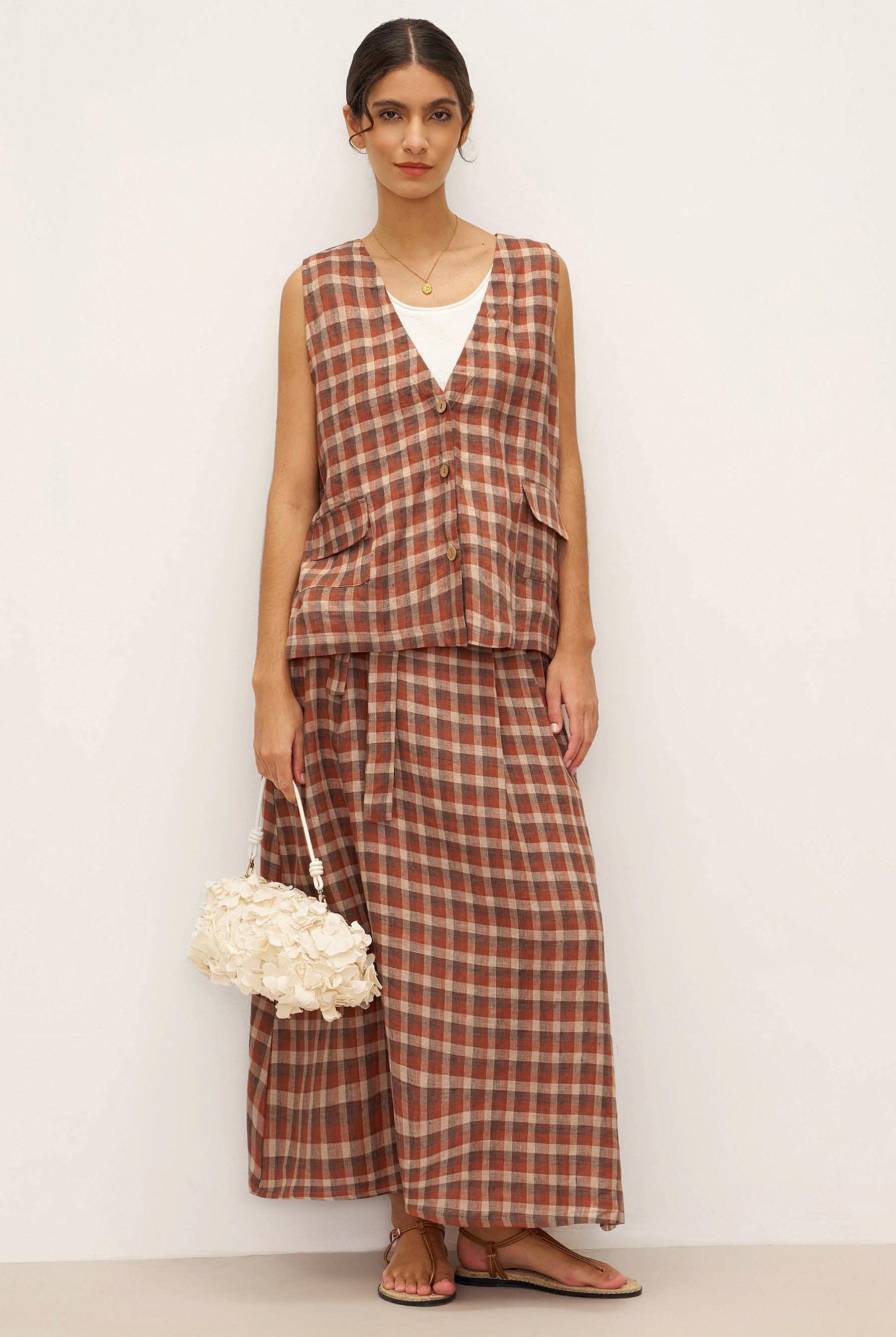 100% Linen V-Neck Checked Oversized Vest DORIS - TOPS-Linen Vests