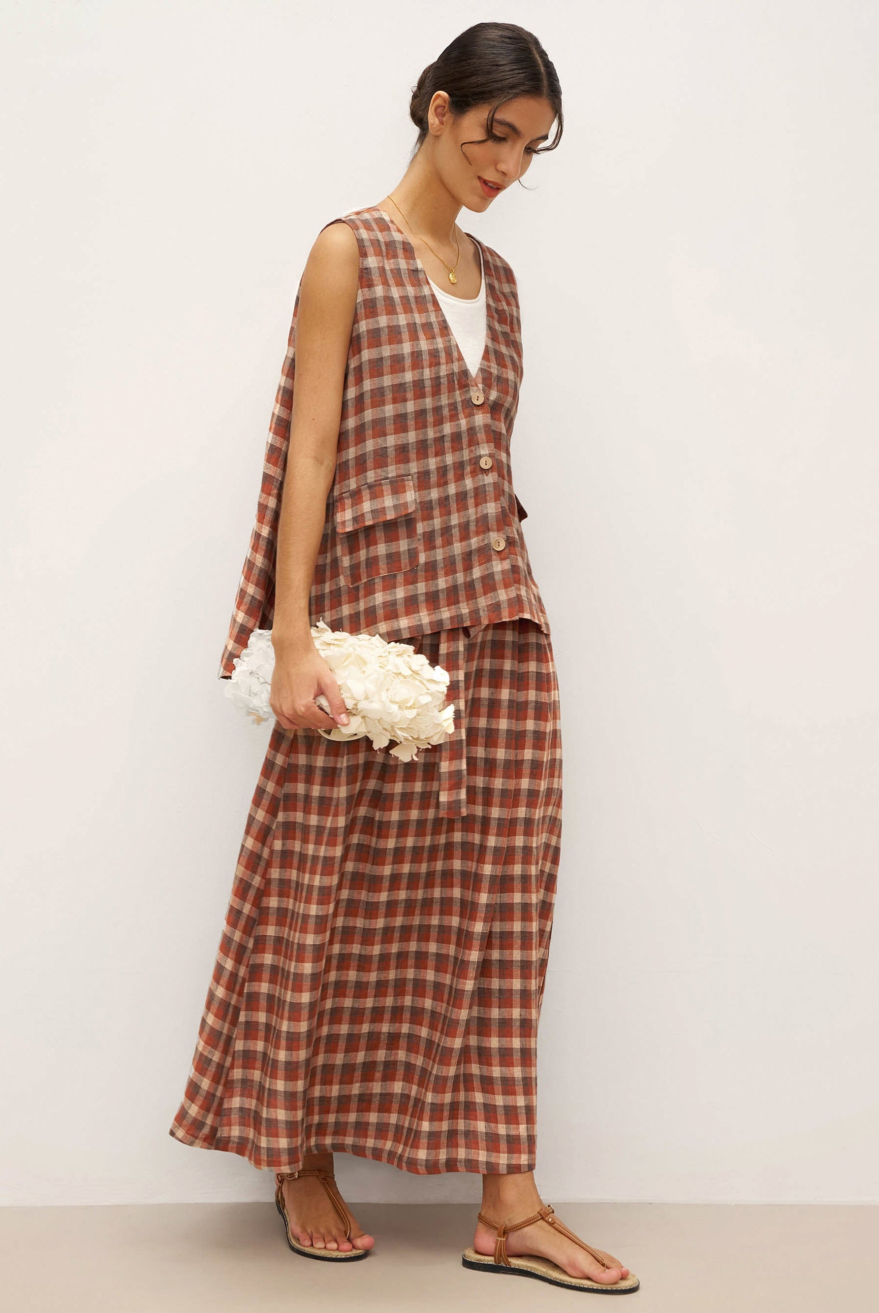 100% Linen V-Neck Checked Oversized Vest DORIS - TOPS-Linen Vests