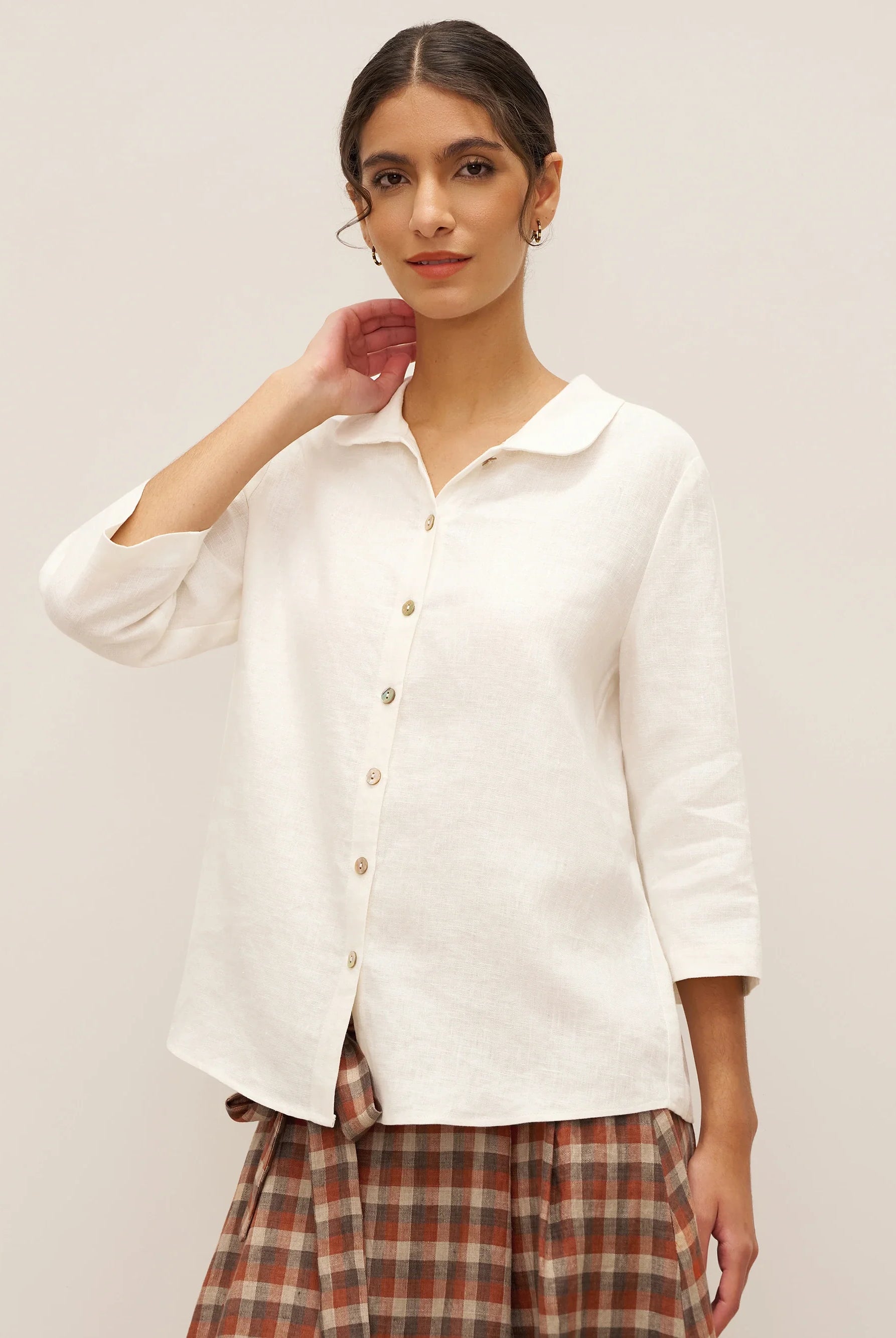 100% Linen Peter Pan Collar 3/4 Sleeve Shirt ASTRID - TOPS-Linen Button Down Shirts