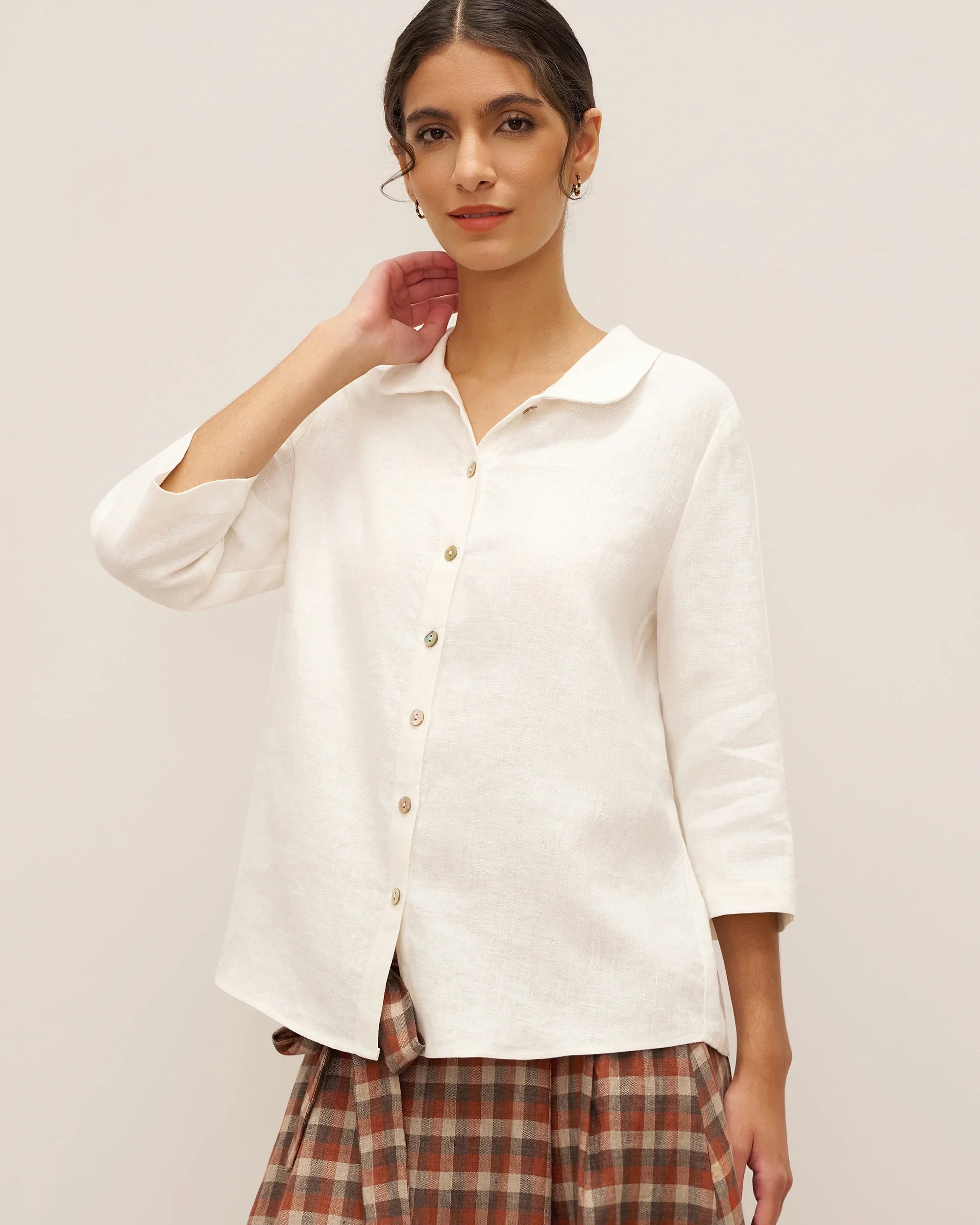 100% Linen Peter Pan Collar 3/4 Sleeve Shirt ASTRID - TOPS-Linen Button Down Shirts