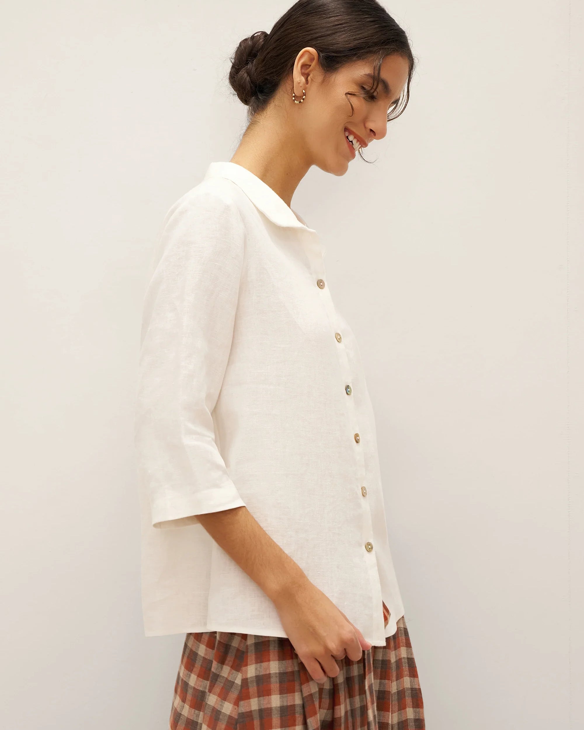 100% Linen Peter Pan Collar 3/4 Sleeve Shirt ASTRID - TOPS-Linen Button Down Shirts