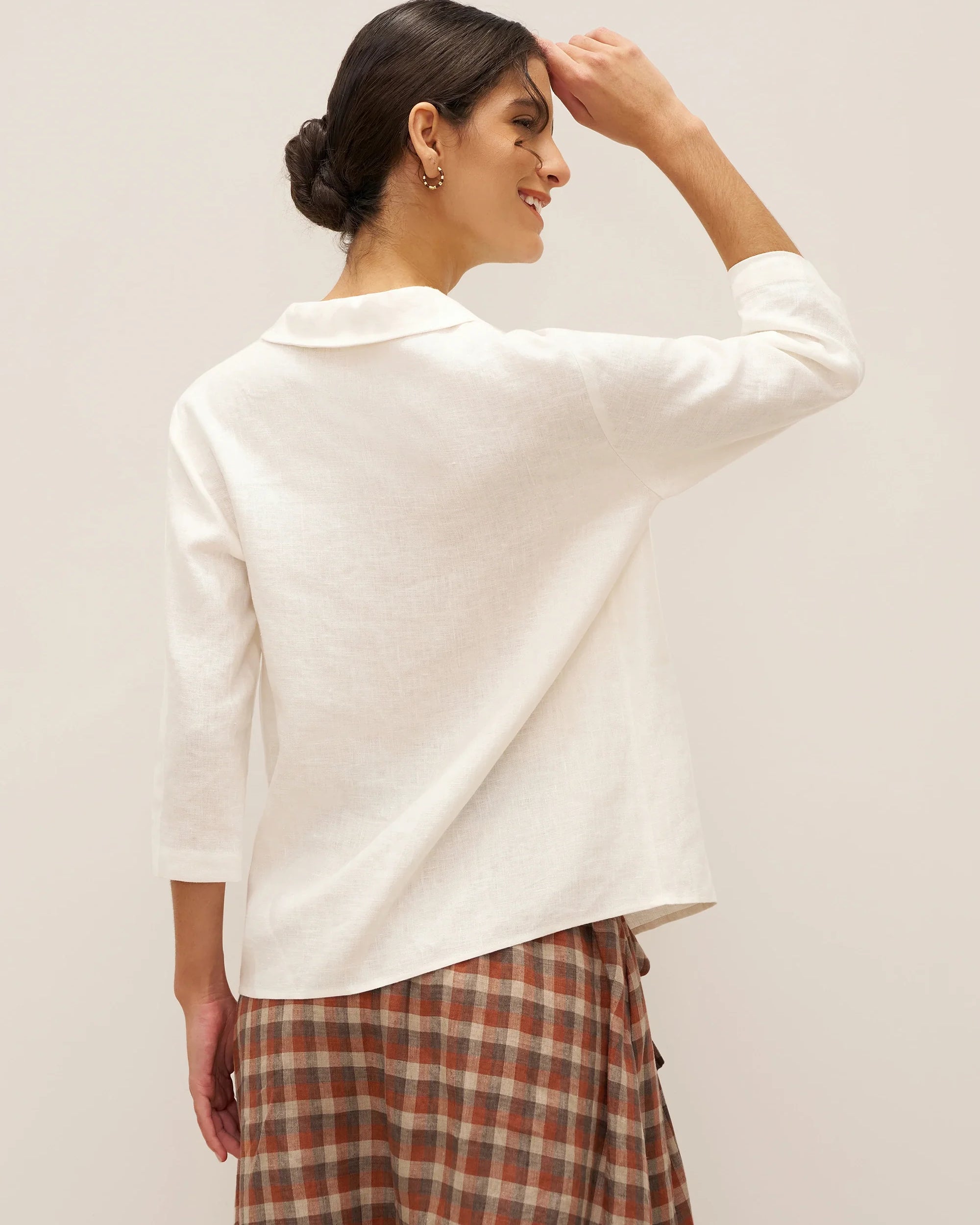 100% Linen Peter Pan Collar 3/4 Sleeve Shirt ASTRID - TOPS-Linen Button Down Shirts
