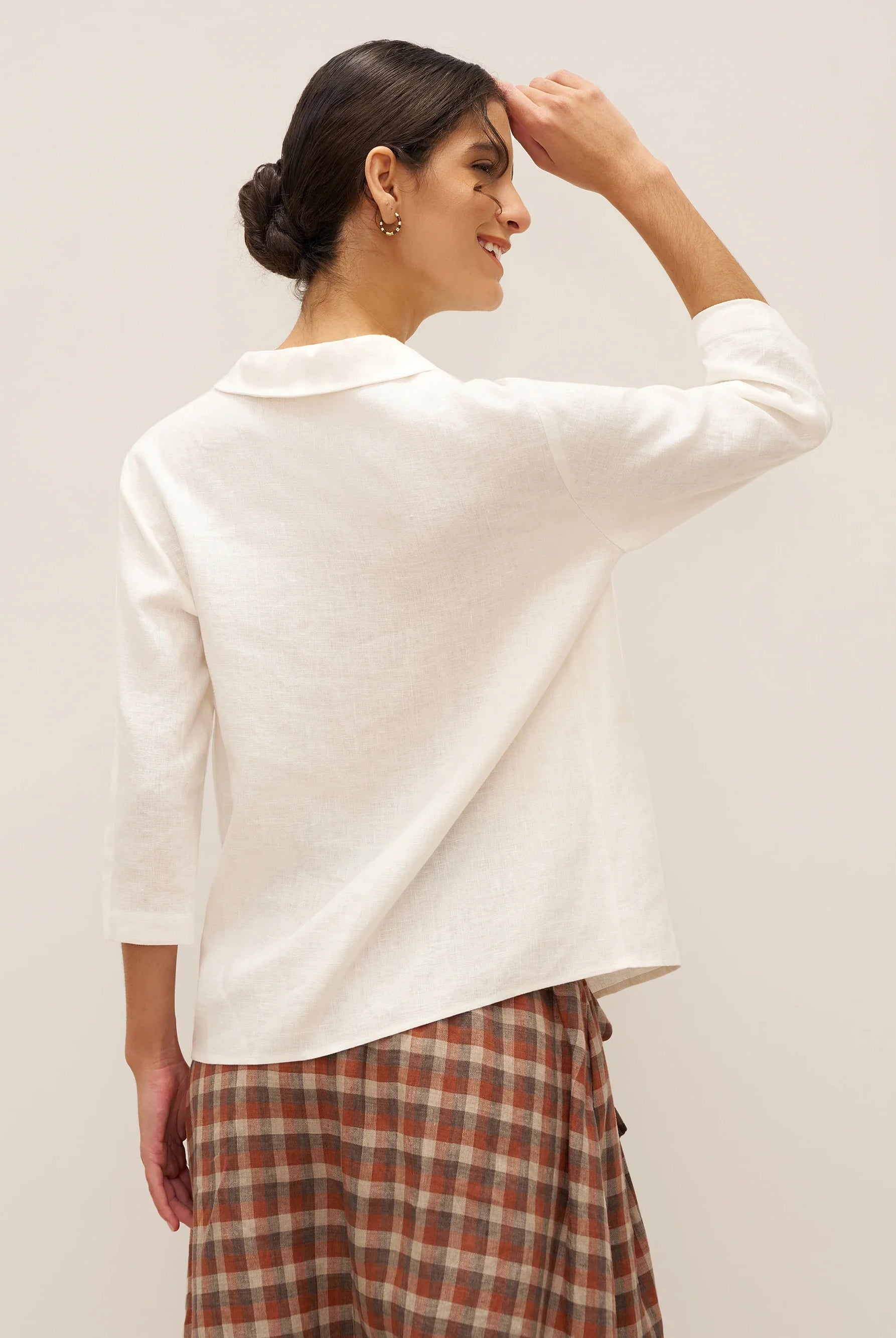 100% Linen Peter Pan Collar 3/4 Sleeve Shirt ASTRID - TOPS-Linen Button Down Shirts