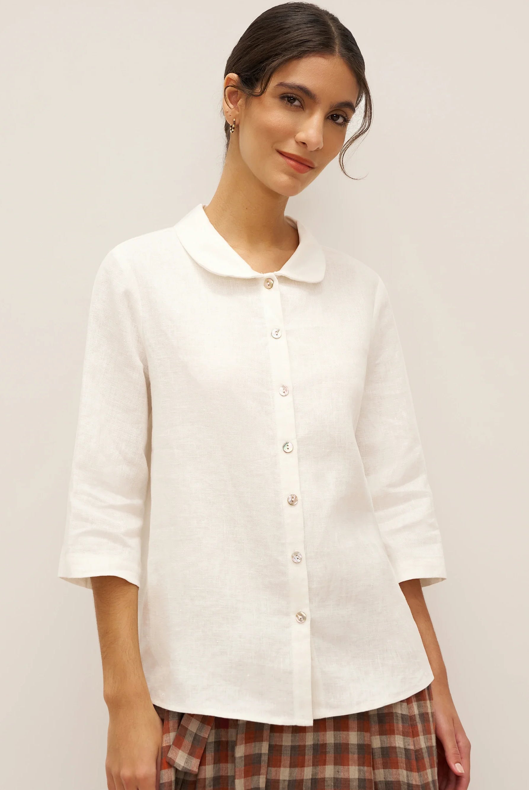 100% Linen Peter Pan Collar 3/4 Sleeve Shirt ASTRID - Optic White / XS - TOPS-Linen Button Down Shirts