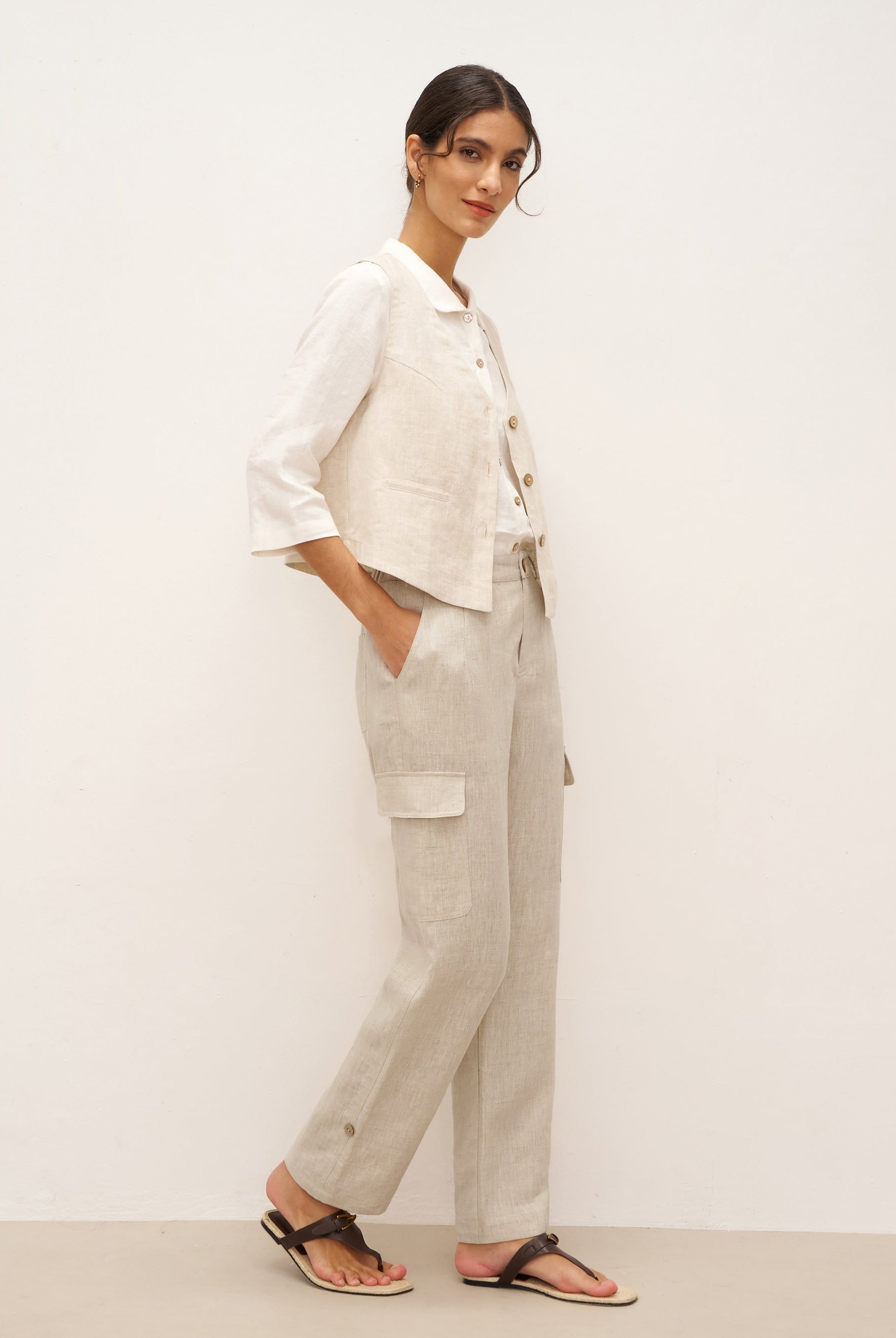 100% Linen V-Neck Buttoned Closure Vest DELIA - TOPS-Linen Vests