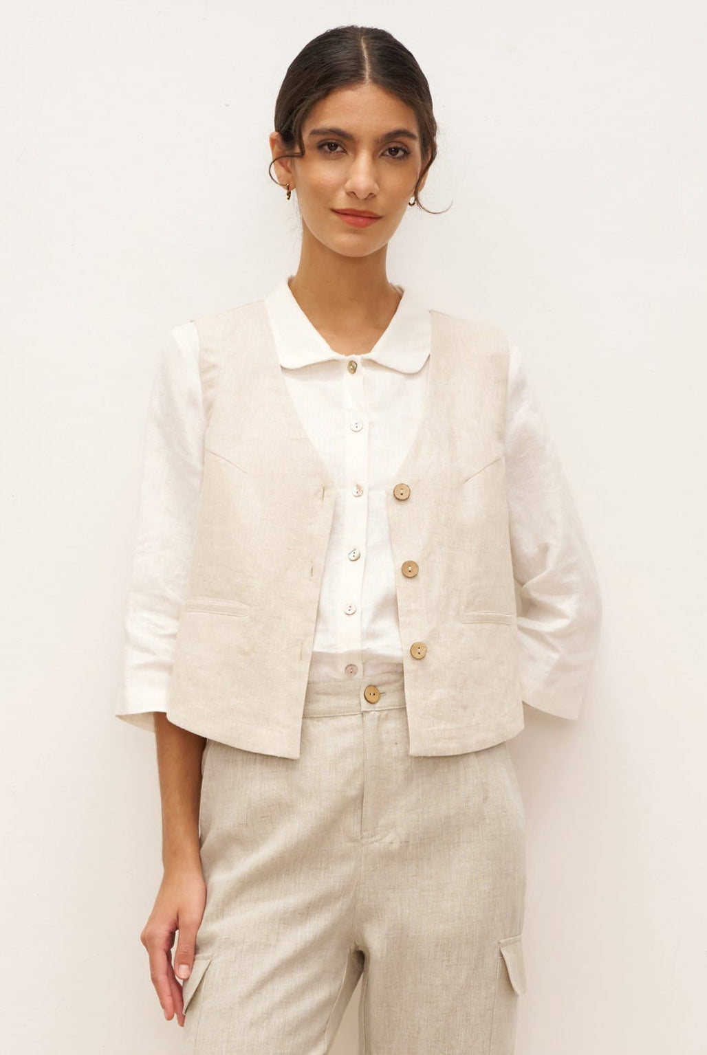 100% Linen V-Neck Buttoned Closure Vest DELIA - Natural / S - TOPS-Linen Vests