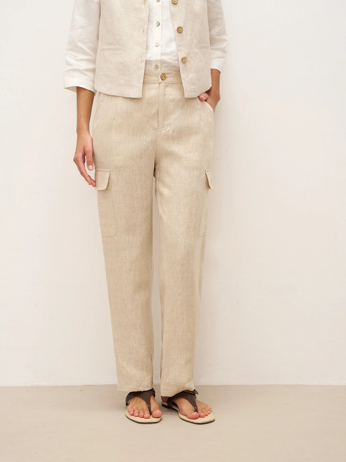 100% Linen Cargo Tapered Trousers with Patch Pockets JESSE - BOTTOMS-Linen Pants