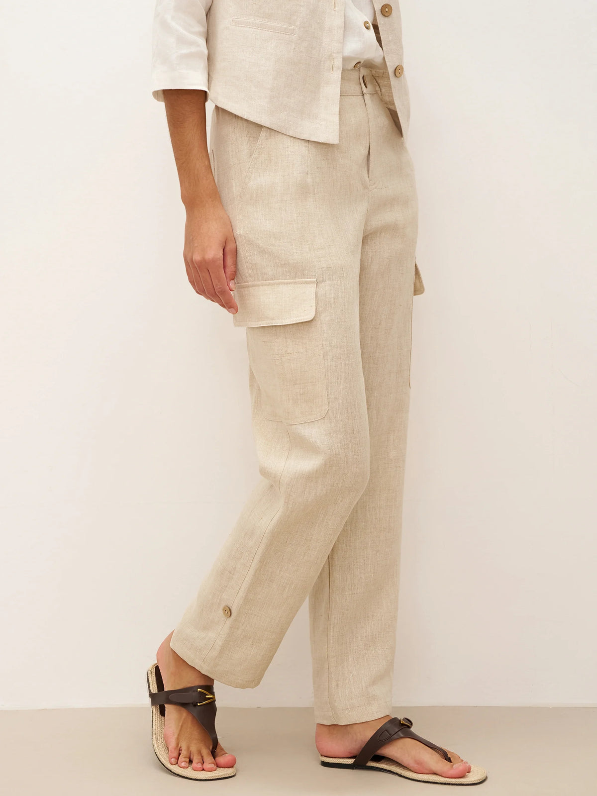 100% Linen Cargo Tapered Trousers with Patch Pockets JESSE - BOTTOMS-Linen Pants