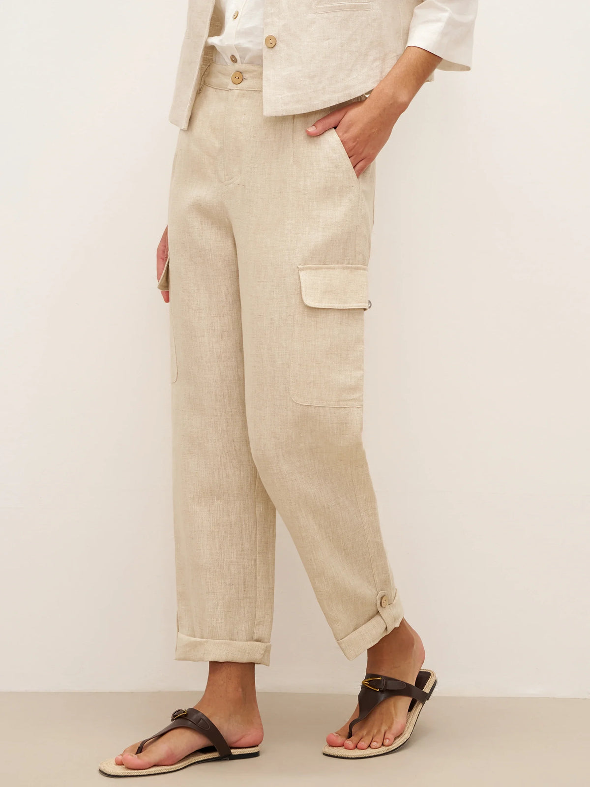 100% Linen Cargo Tapered Trousers with Patch Pockets JESSE - Natural / S - BOTTOMS-Linen Pants