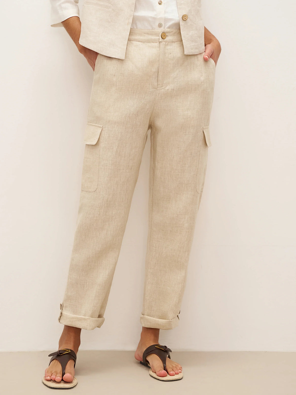 100% Linen Cargo Tapered Trousers with Patch Pockets JESSE - BOTTOMS-Linen Pants