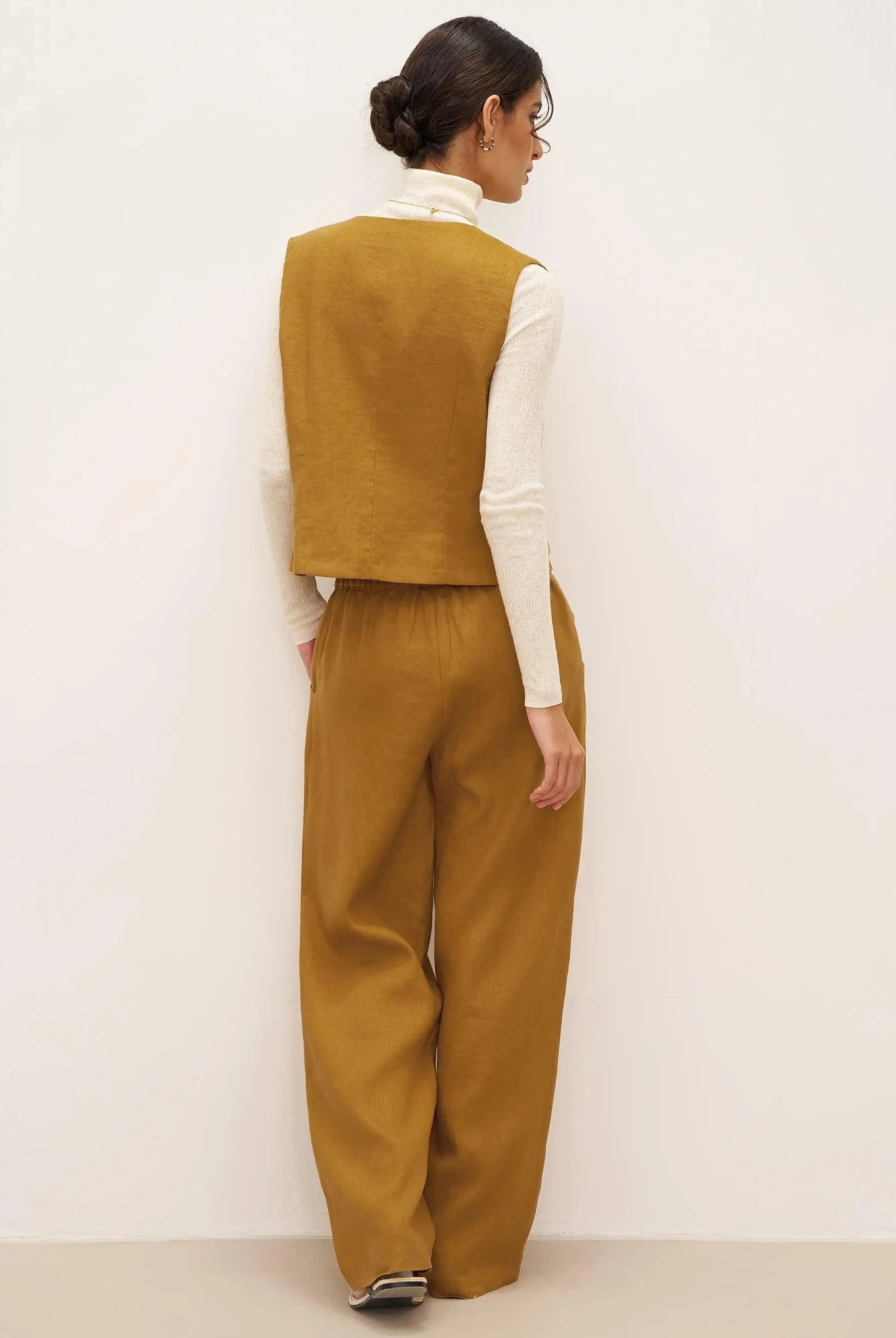 100% Linen Banana Cut Pants with Pockets EDELINE - BOTTOMS-Linen