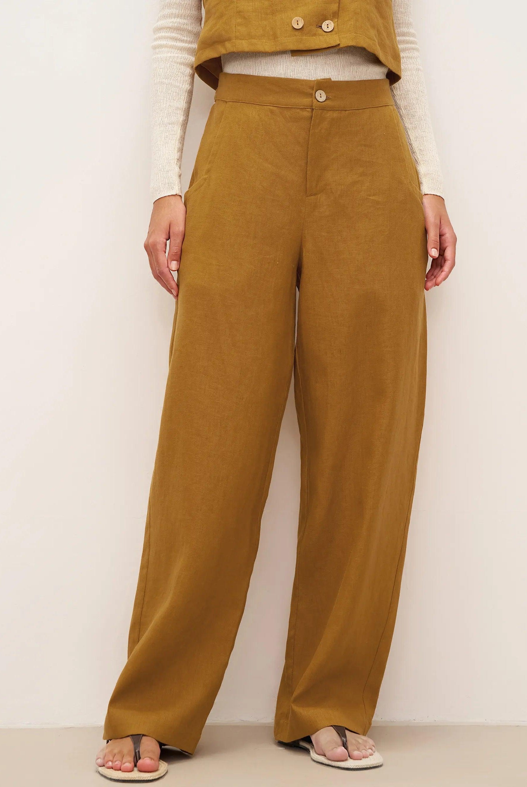 100% Linen Banana Cut Pants with Pockets EDELINE - Ochre / S - BOTTOMS-Linen