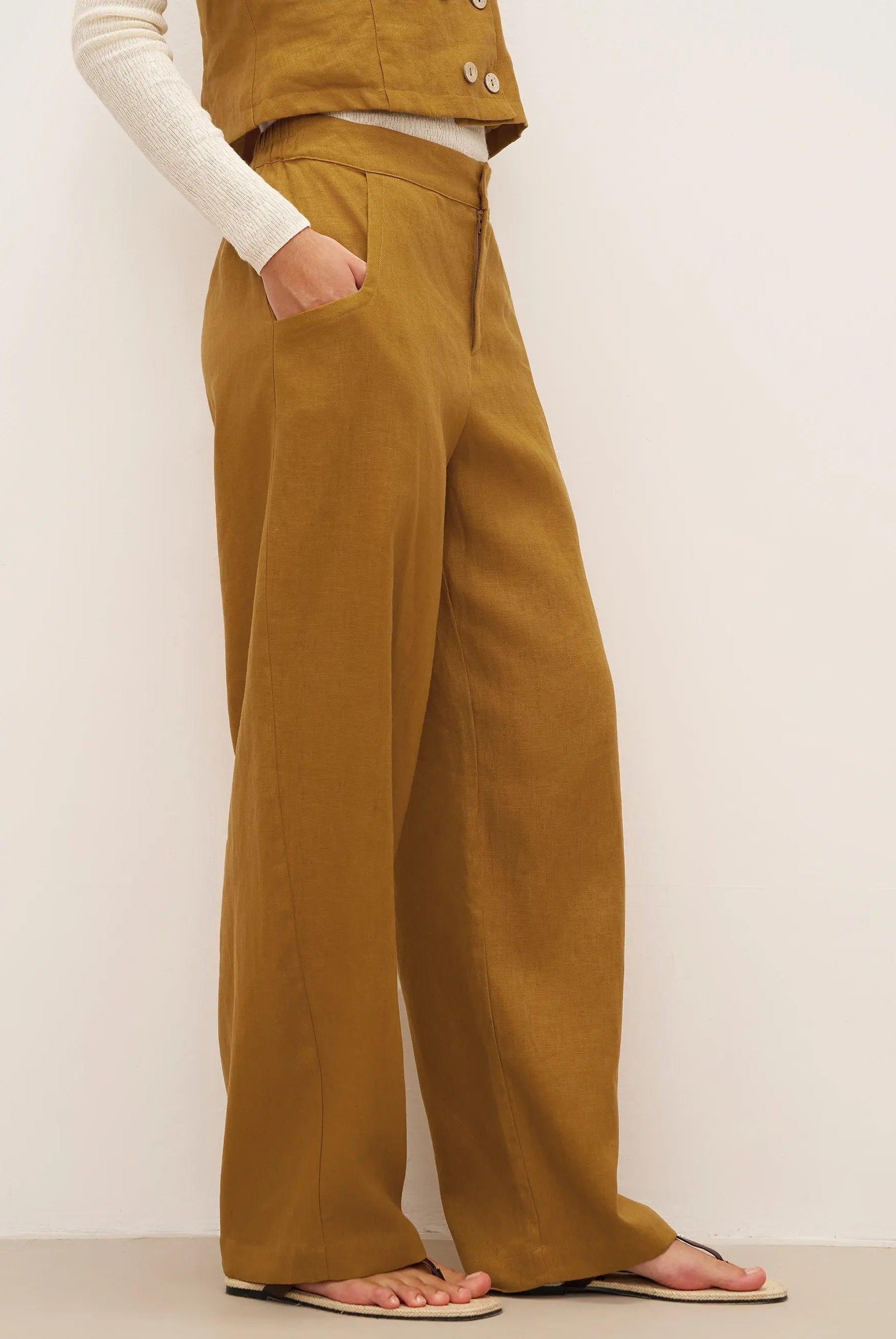 100% Linen Banana Cut Pants with Pockets EDELINE - BOTTOMS-Linen