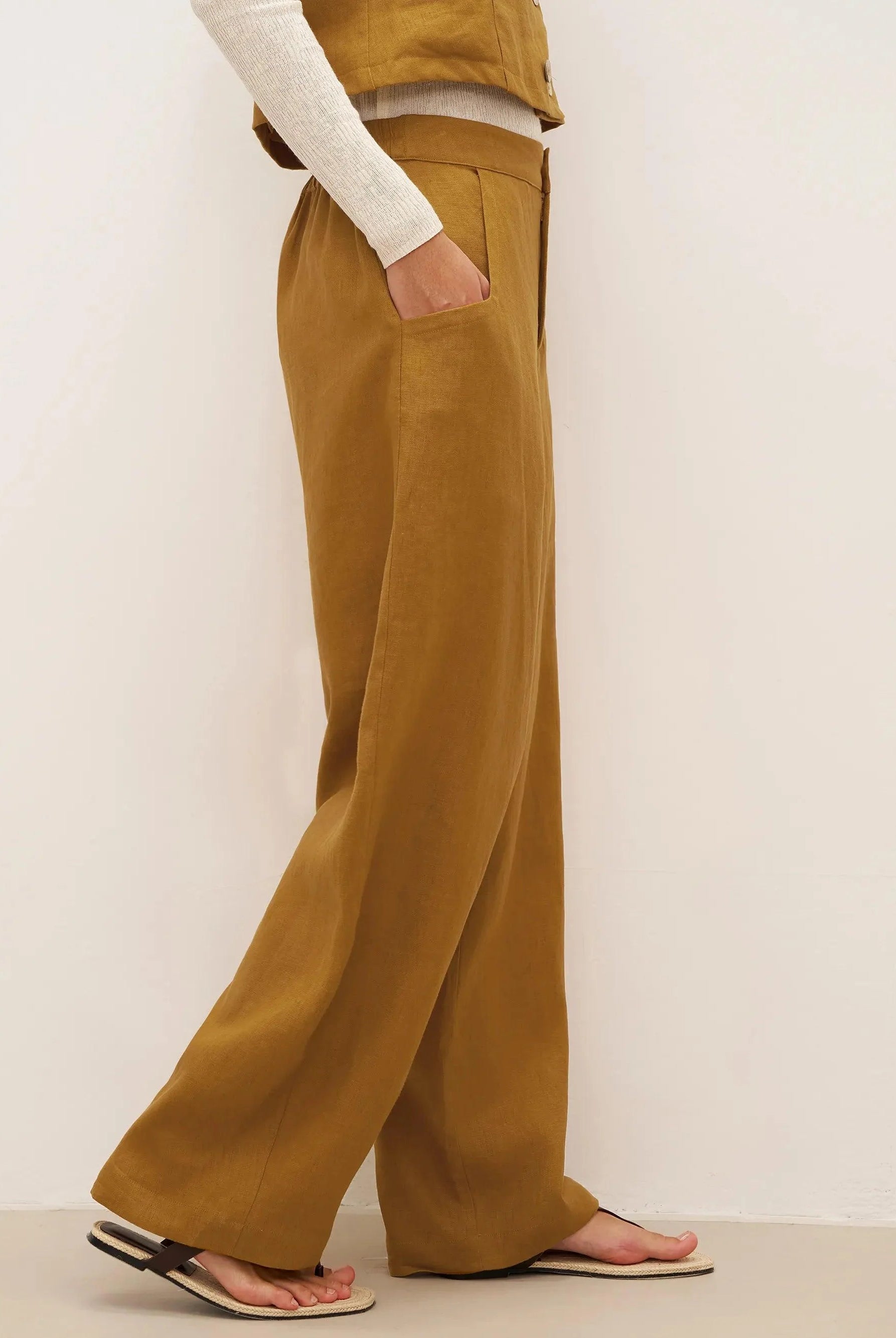 100% Linen Banana Cut Pants with Pockets EDELINE - BOTTOMS-Linen