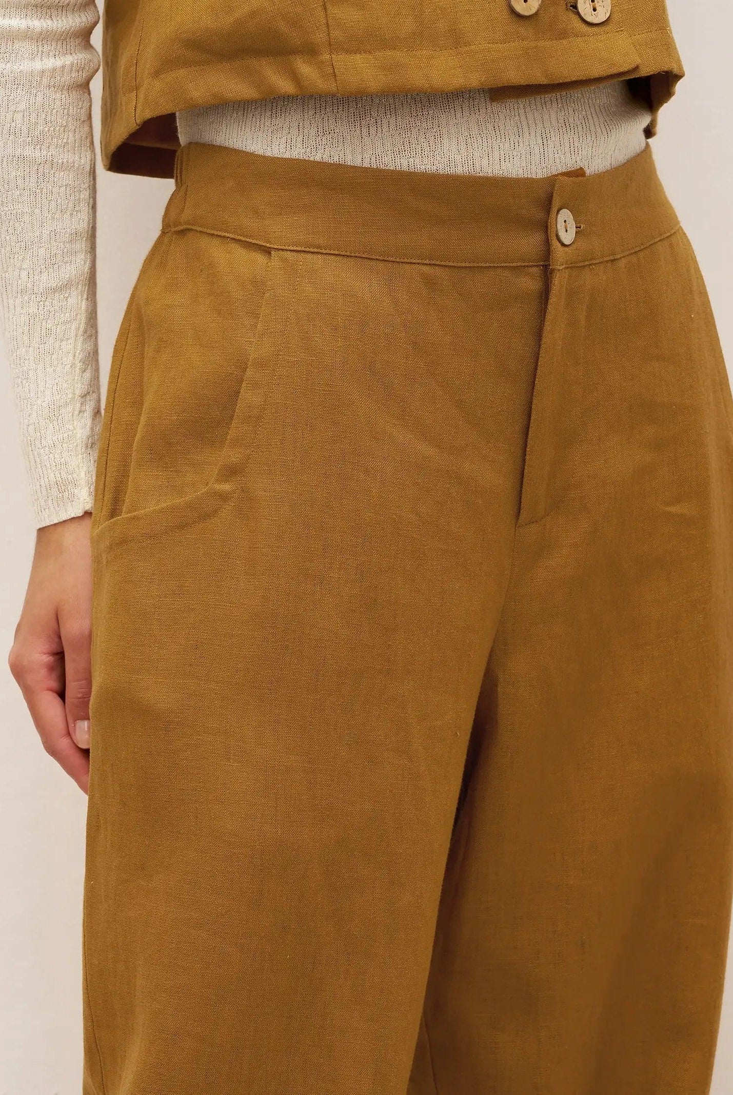 100% Linen Banana Cut Pants with Pockets EDELINE - BOTTOMS-Linen
