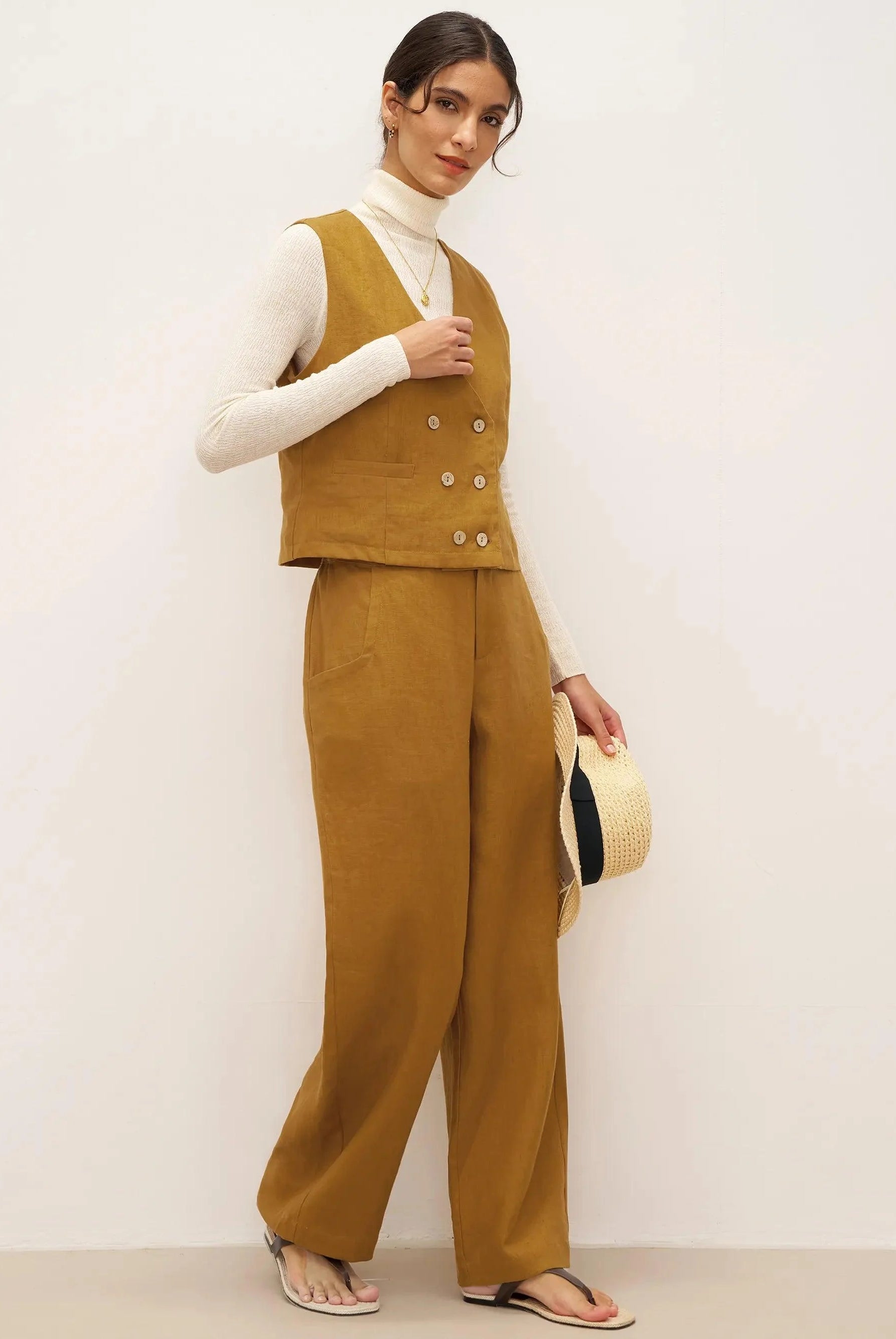 100% Linen Banana Cut Pants with Pockets EDELINE - BOTTOMS-Linen