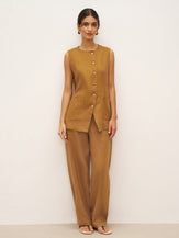 100% Linen Arc-Placket Button-Front Vest ELFRIDA - Ochre / S - TOPS-Linen Tanks