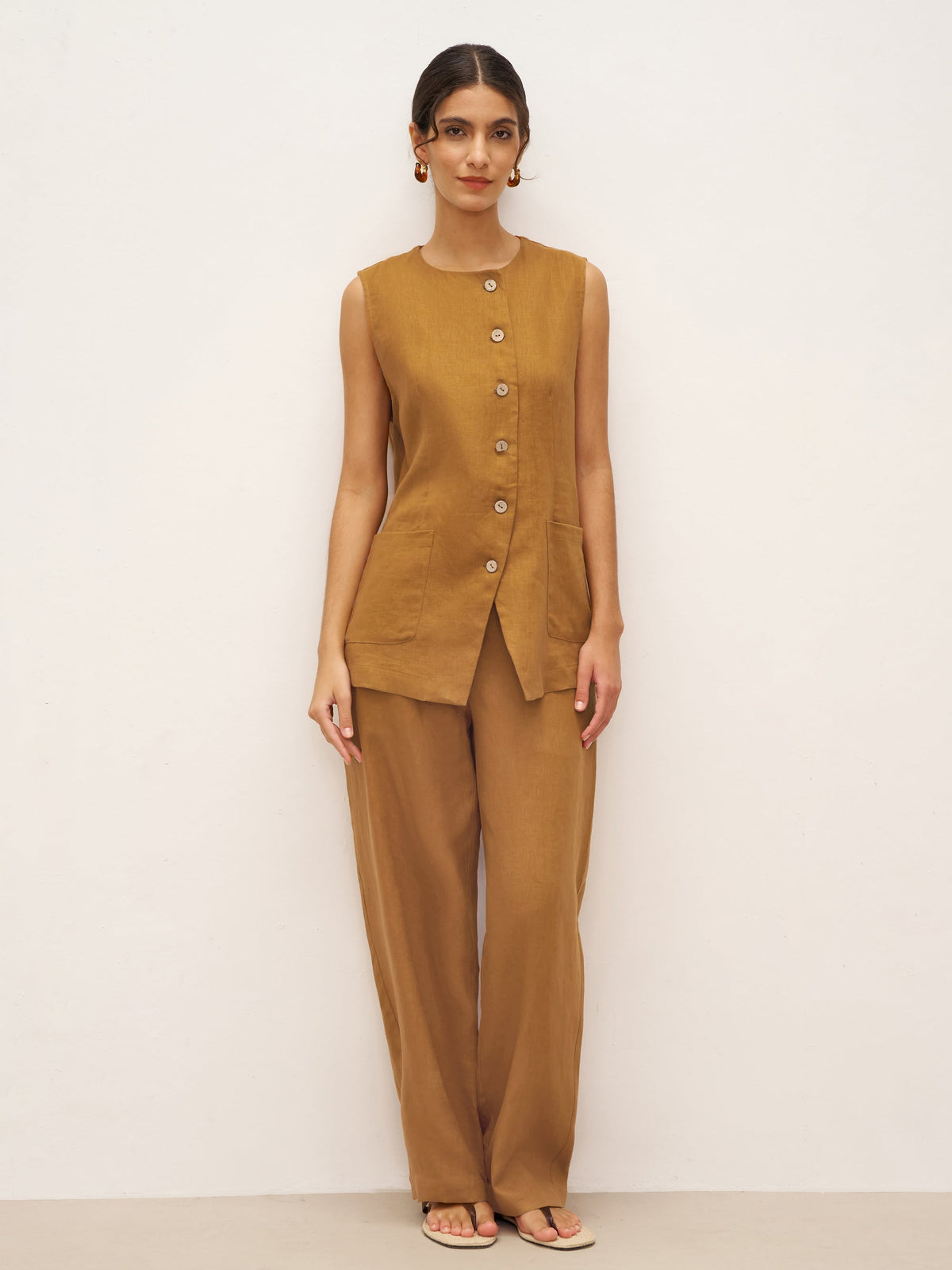 100% Linen Arc-Placket Button-Front Vest ELFRIDA - Ochre / S - TOPS-Linen Tanks