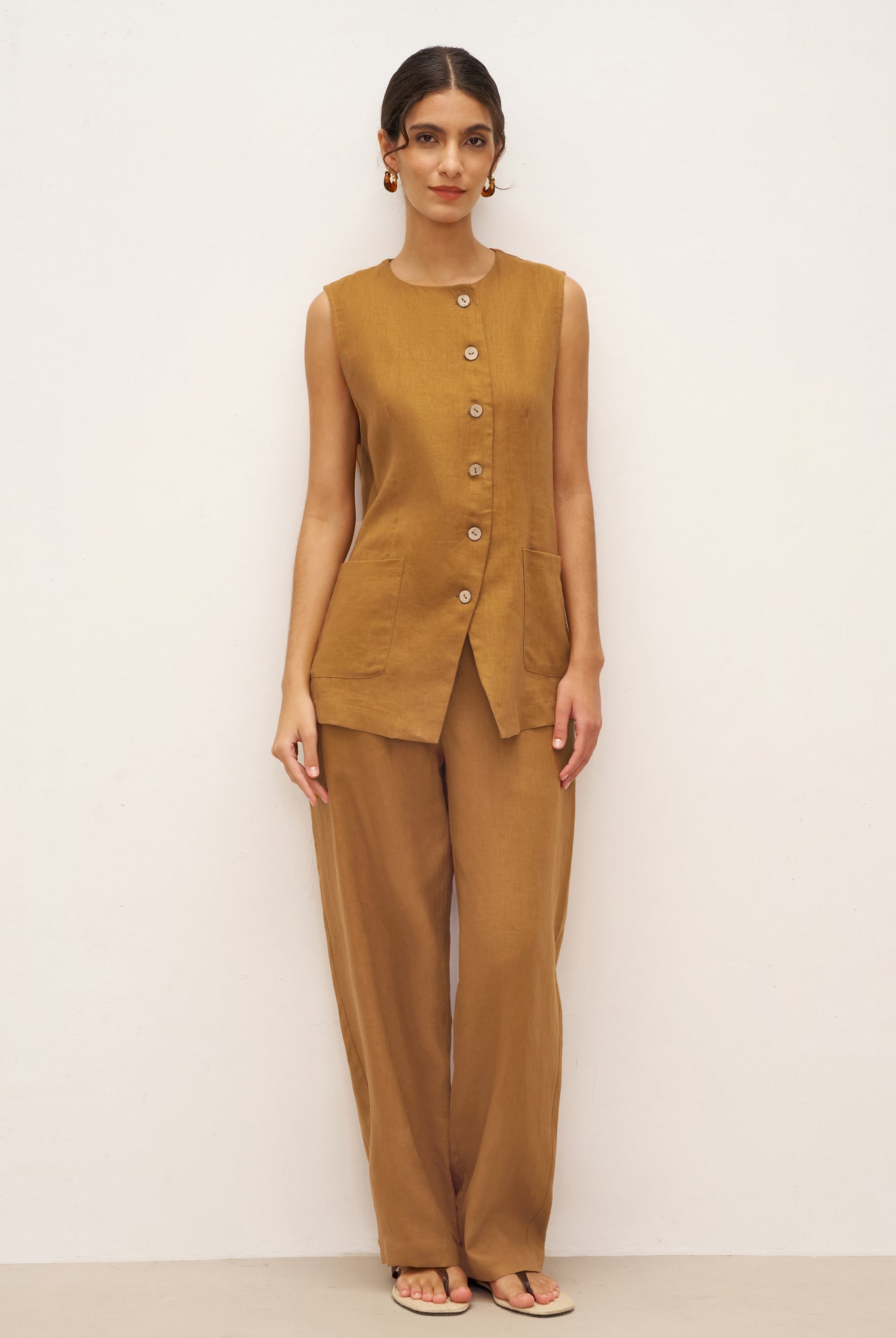 100% Linen Banana Cut Pants with Pockets EDELINE - BOTTOMS-Linen