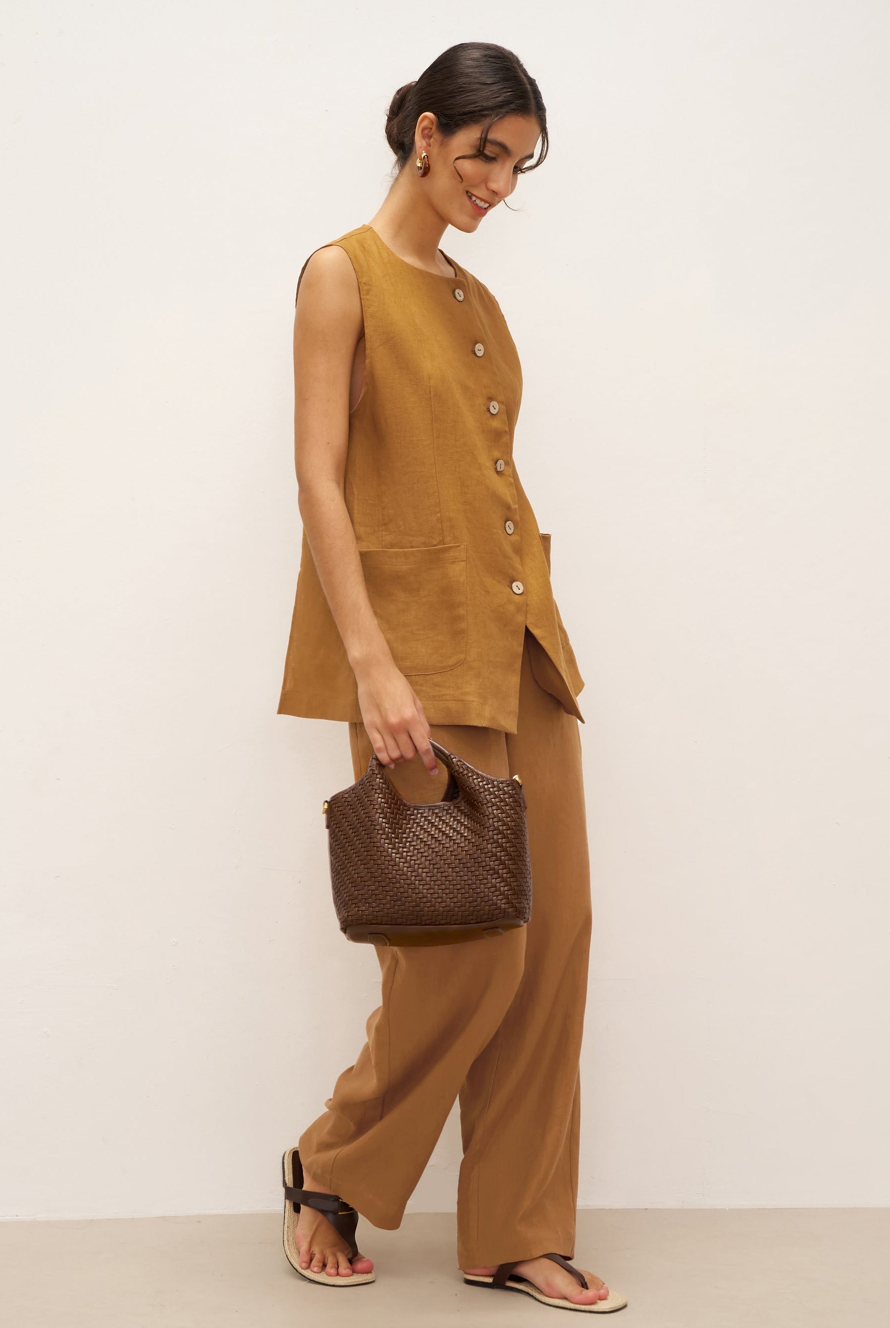 100% Linen Banana Cut Pants with Pockets EDELINE - BOTTOMS-Linen