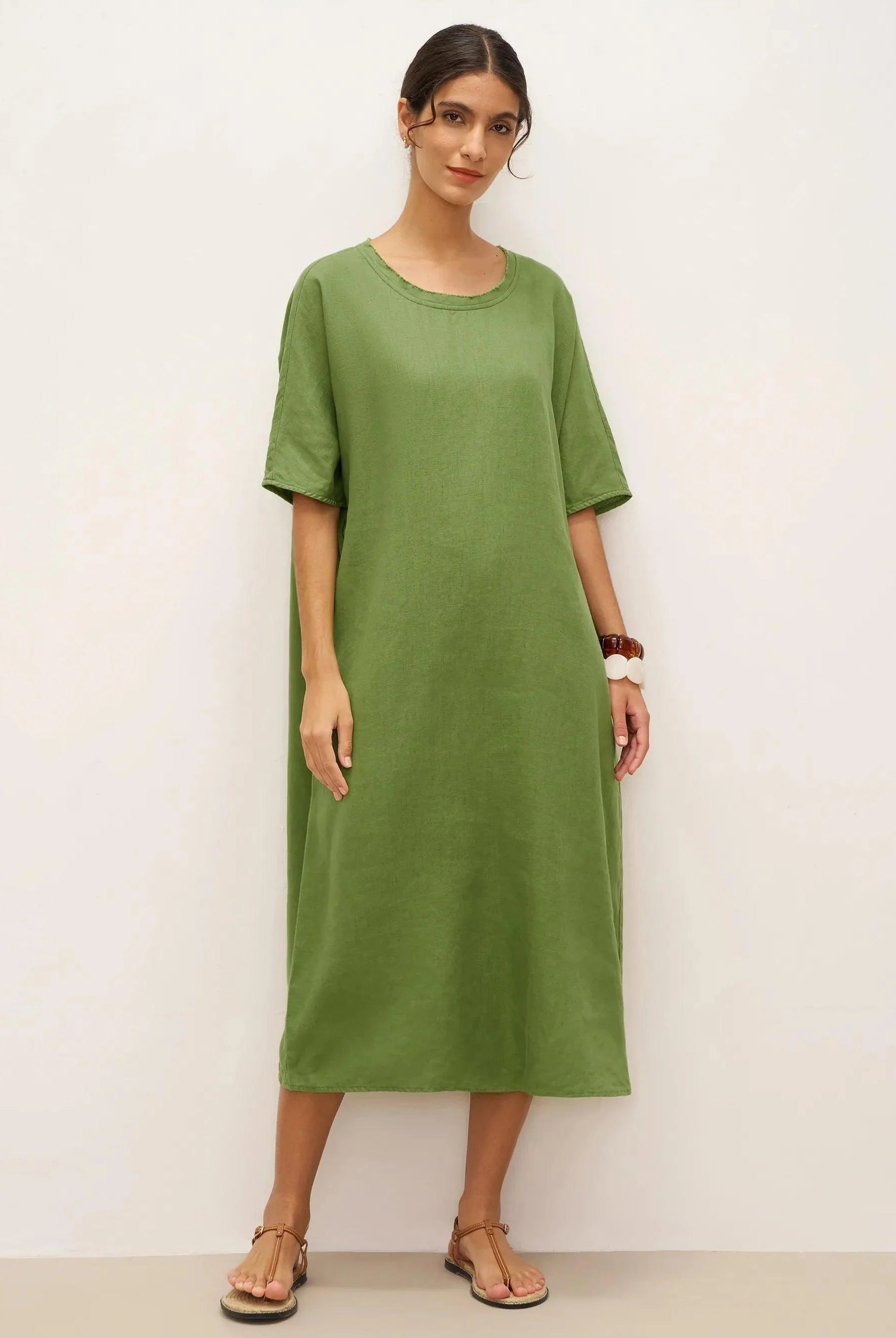 100% Linen Oversized O-Line Belted Midi Dress LORETTA—Multi-Way Wear - Sage Green / S - DRESSES-Linen