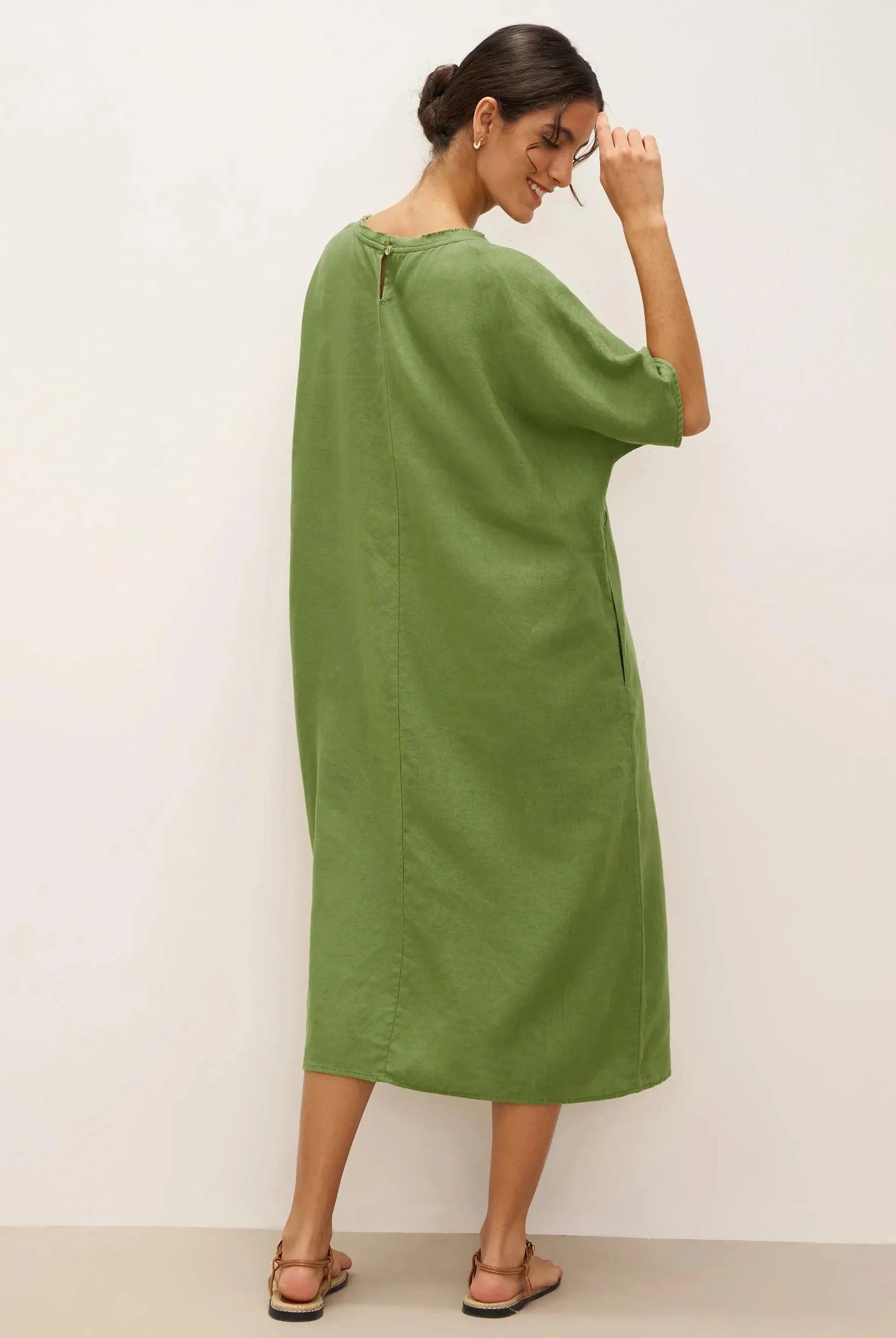 100% Linen Oversized O-Line Belted Midi Dress LORETTA—Multi-Way Wear - DRESSES-Linen