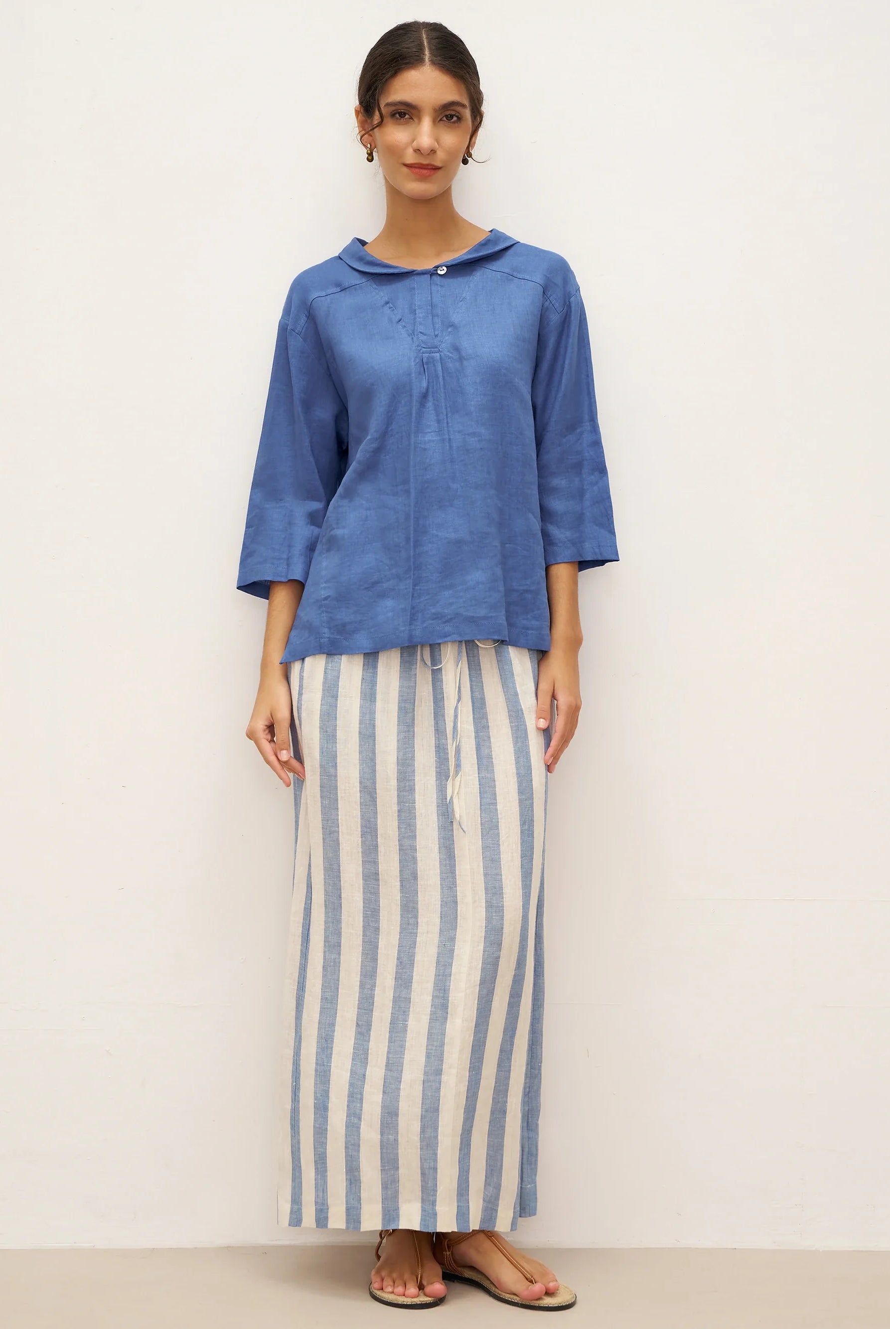 JADE 100% Linen Shawl V-Neck Half Sleeve Top - TOPS-Linen Blouses