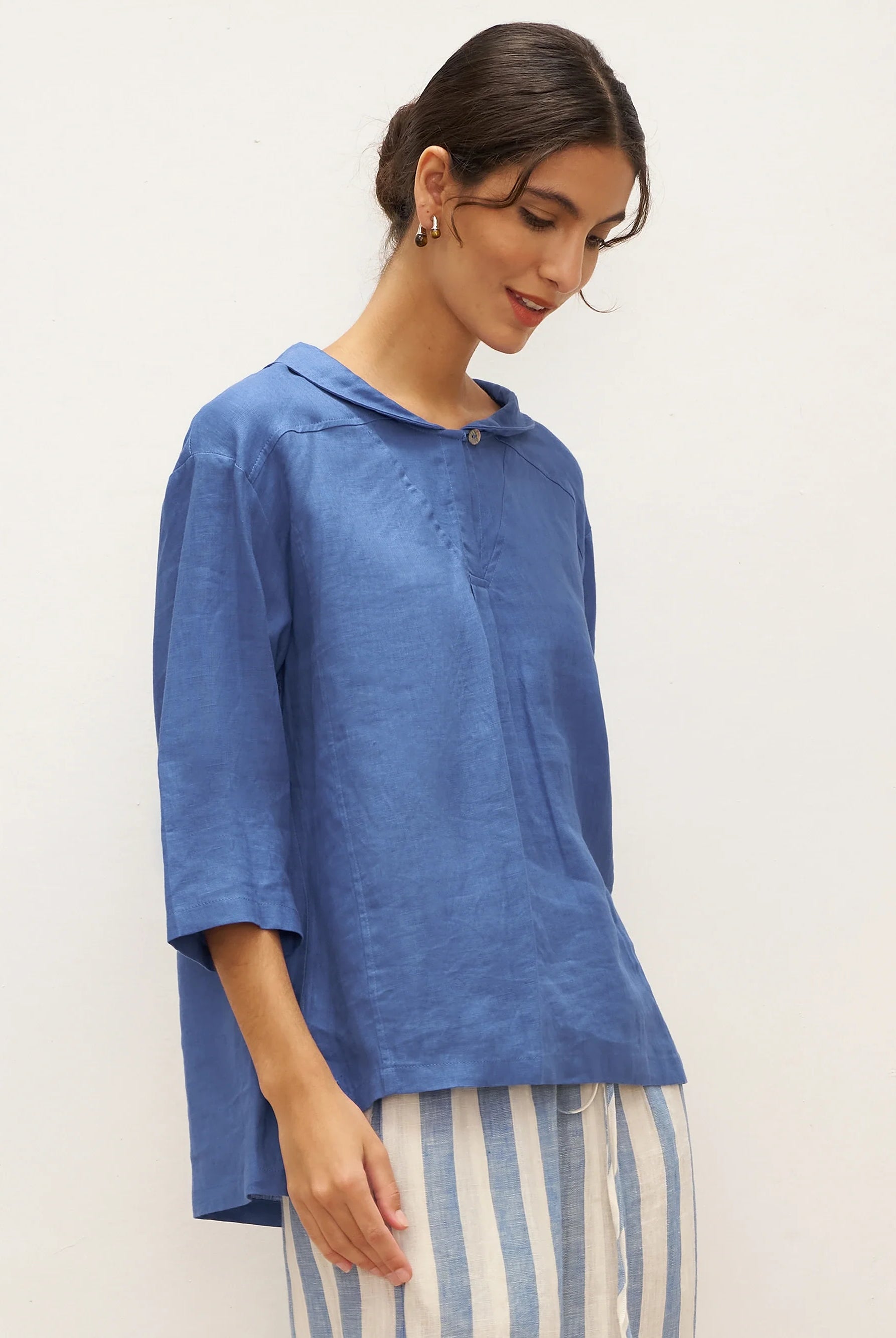 JADE 100% Linen Shawl V-Neck Half Sleeve Top - TOPS-Linen Blouses