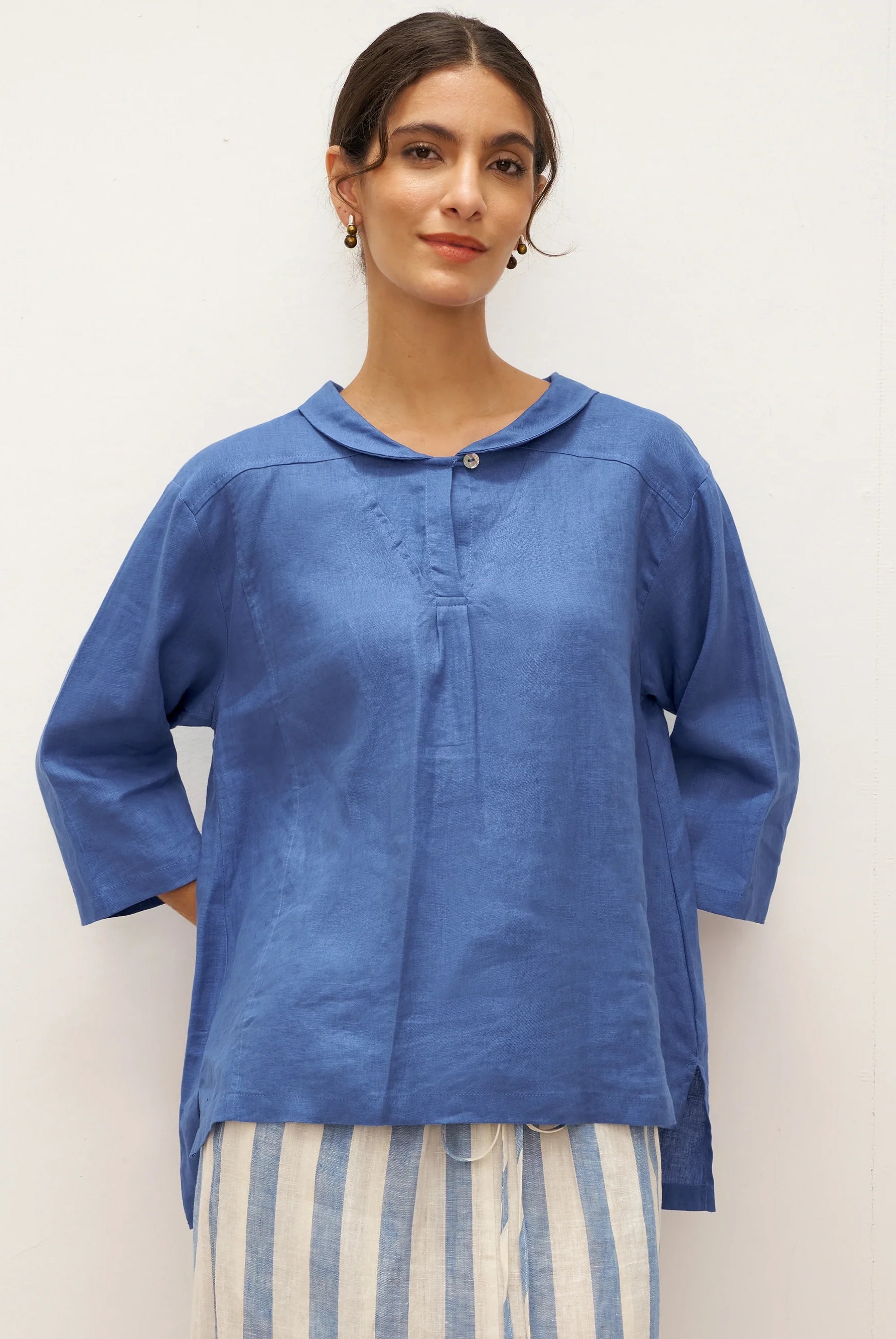 JADE 100% Linen Shawl V-Neck Half Sleeve Top - Denim Blue / XS - TOPS-Linen Blouses
