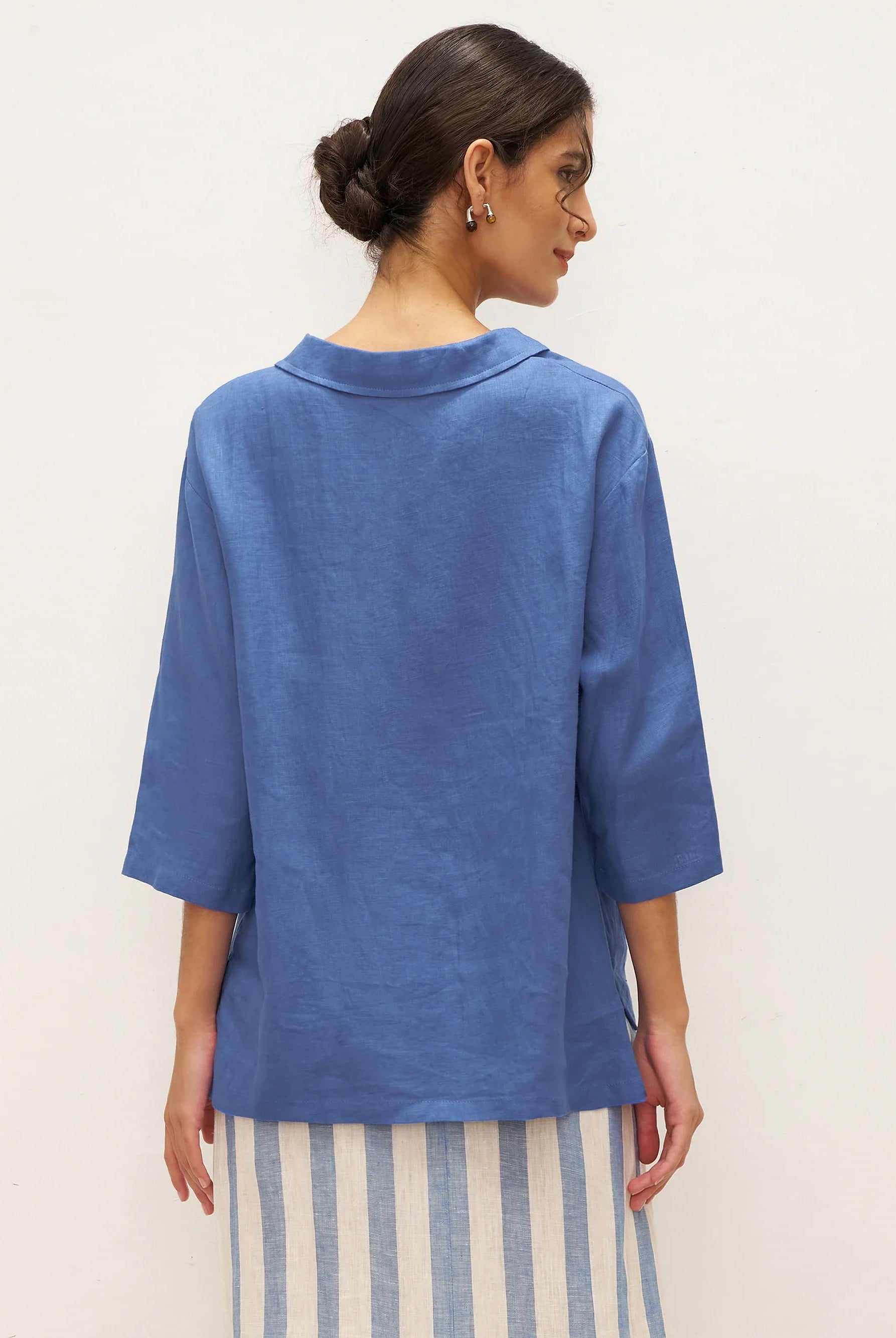 JADE 100% Linen Shawl V-Neck Half Sleeve Top - TOPS-Linen Blouses
