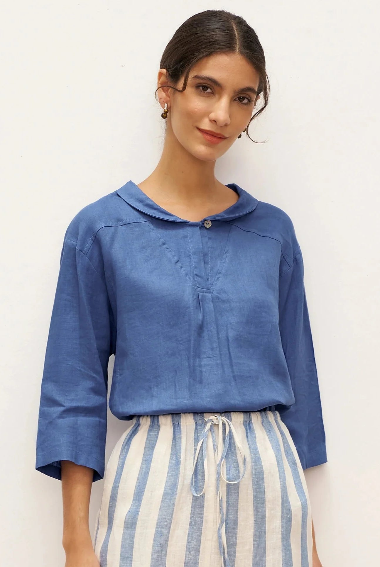 JADE 100% Linen Shawl V-Neck Half Sleeve Top - TOPS-Linen Blouses