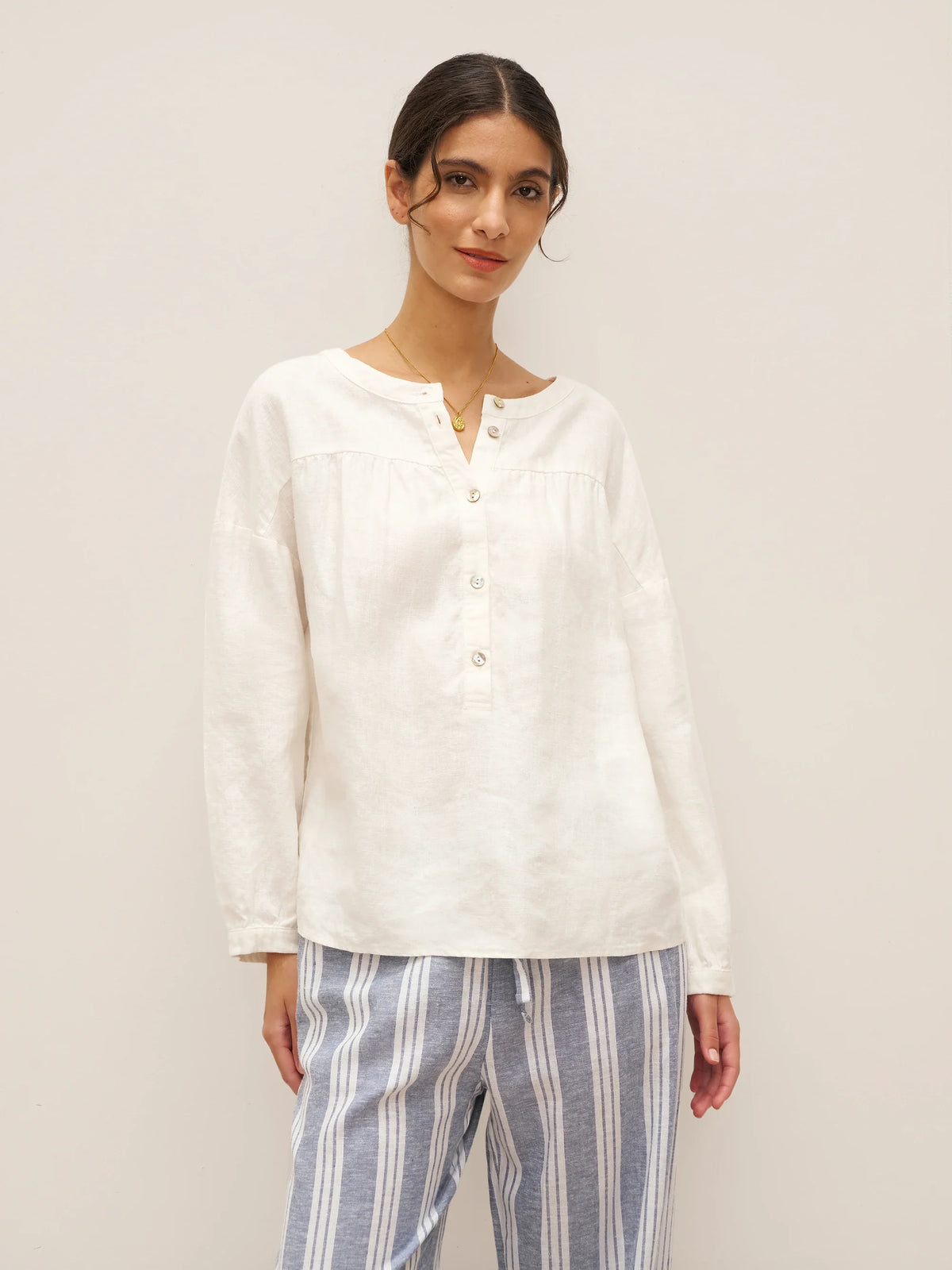 100% Linen Round Neck Button-Front Top JOYCE - TOPS-Linen Blouses