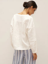 100% Linen Round Neck Button-Front Top JOYCE - TOPS-Linen Blouses