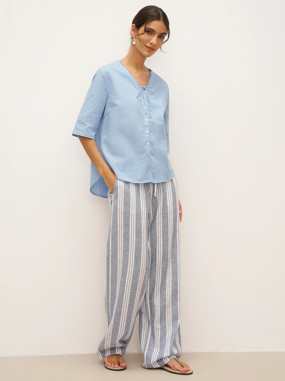 Linen Ladder Tie Simple Shirt - TOPS-Linen Blouses