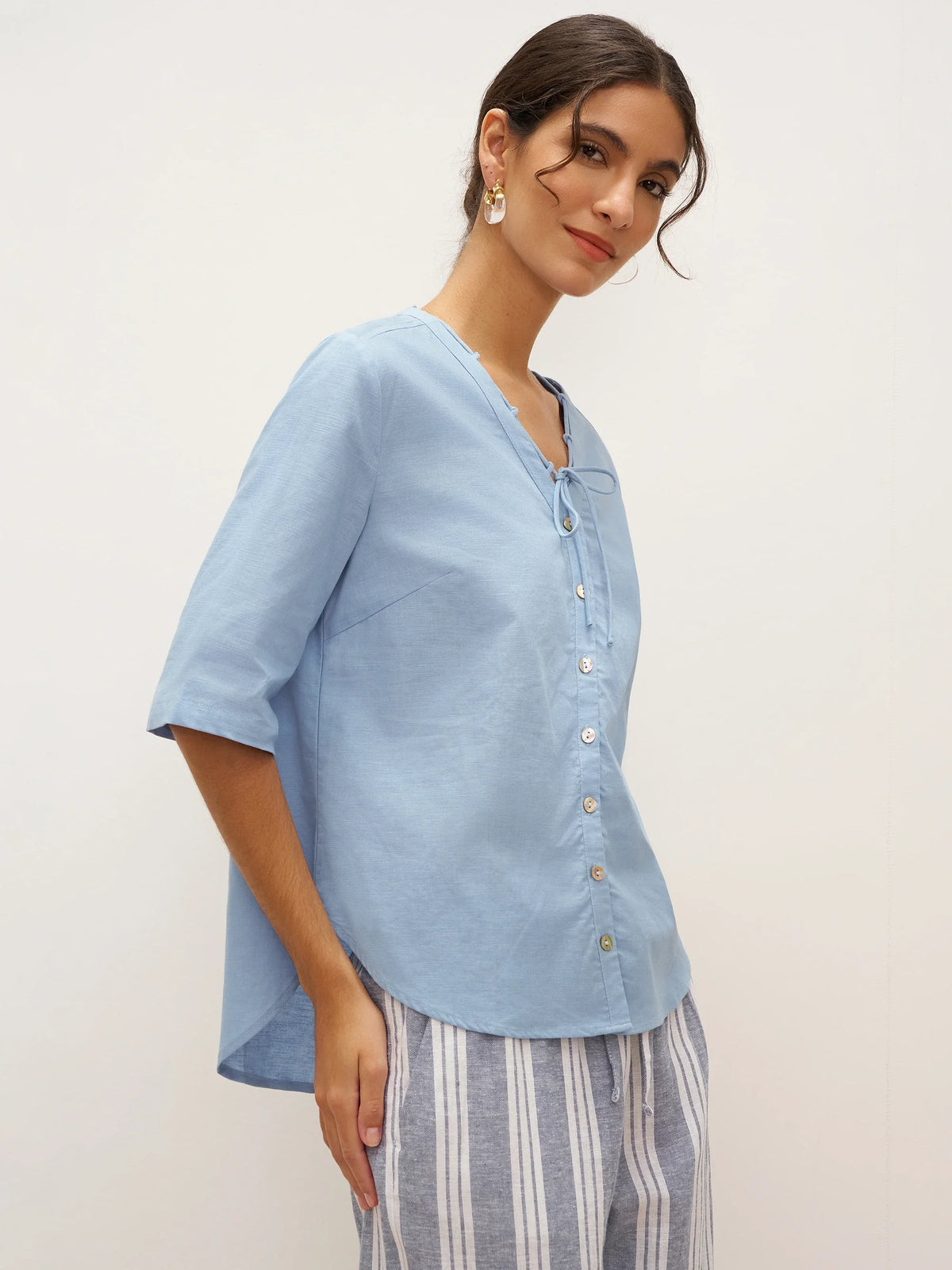 Linen Ladder Tie Simple Shirt - TOPS-Linen Blouses