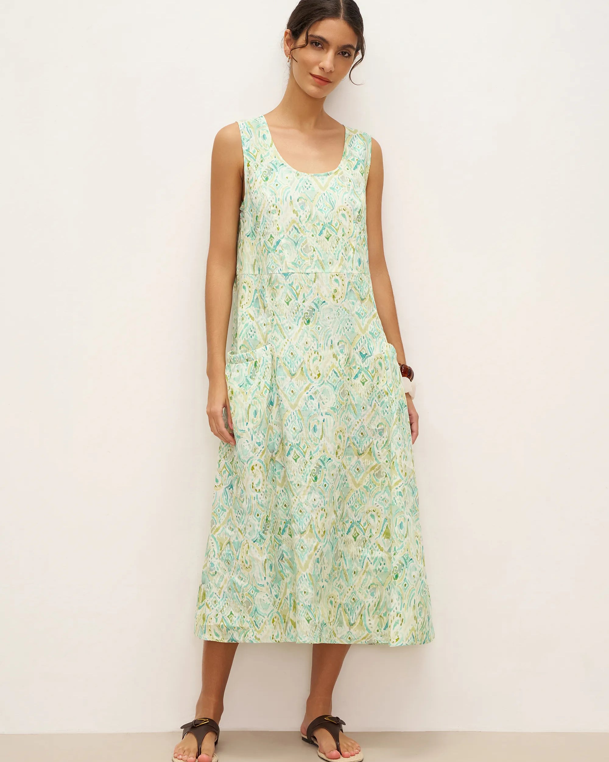 100% Linen Floral Swing Beach Tank Dress LORRAINE - Mist Garden / S - DRESSES-Linen Midi