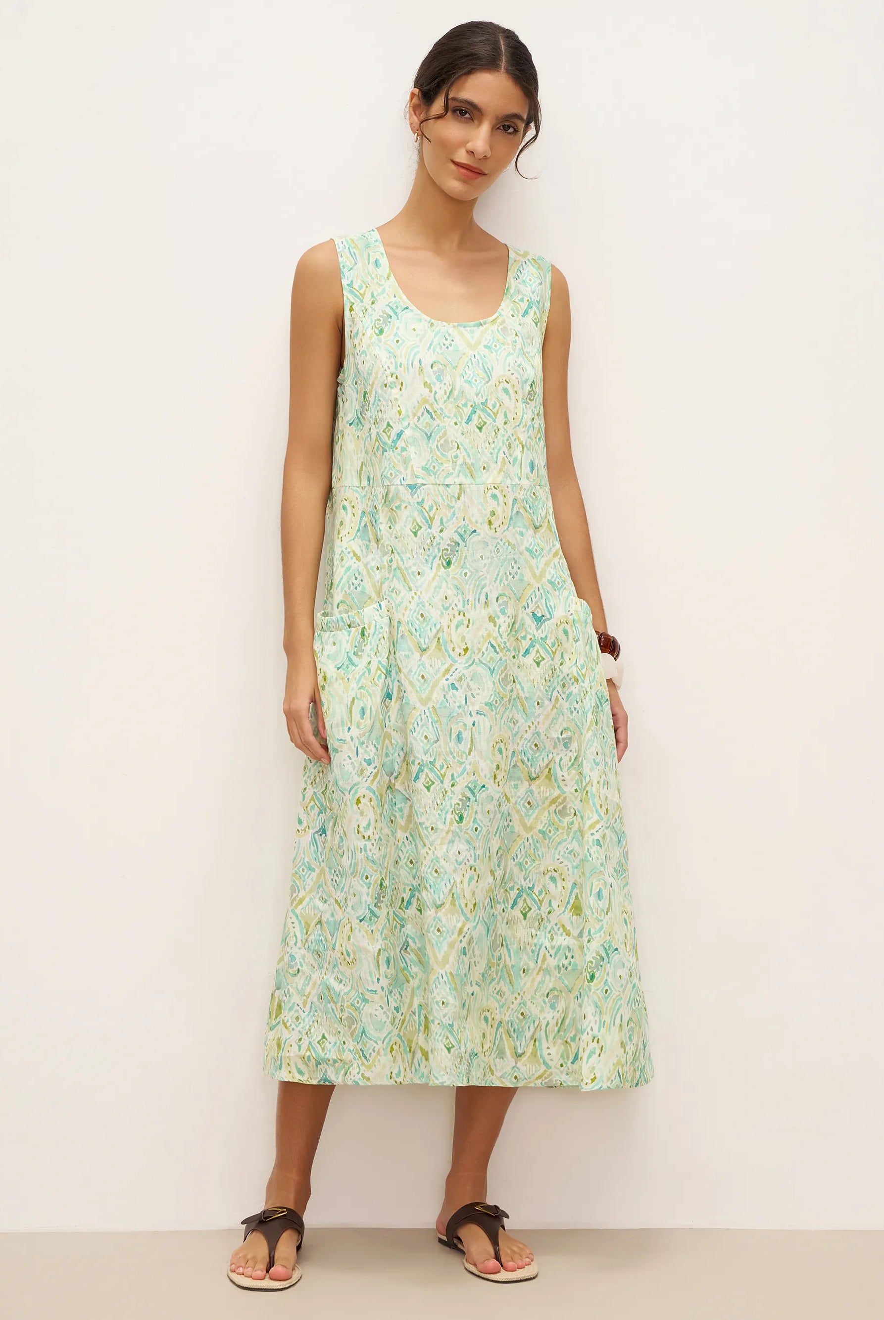 100% Linen Floral Swing Beach Tank Dress LORRAINE - Mist Garden / S - DRESSES-Linen Midi