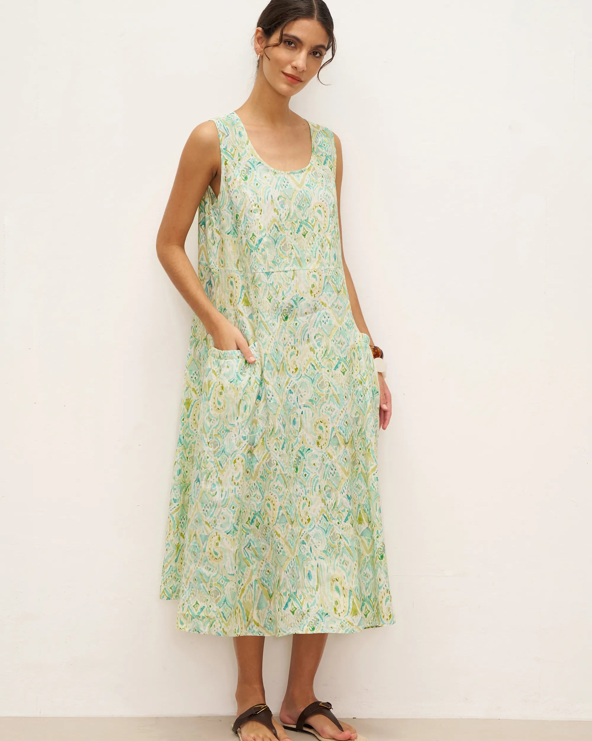 100% Linen Floral Swing Beach Tank Dress LORRAINE - DRESSES-Linen Midi