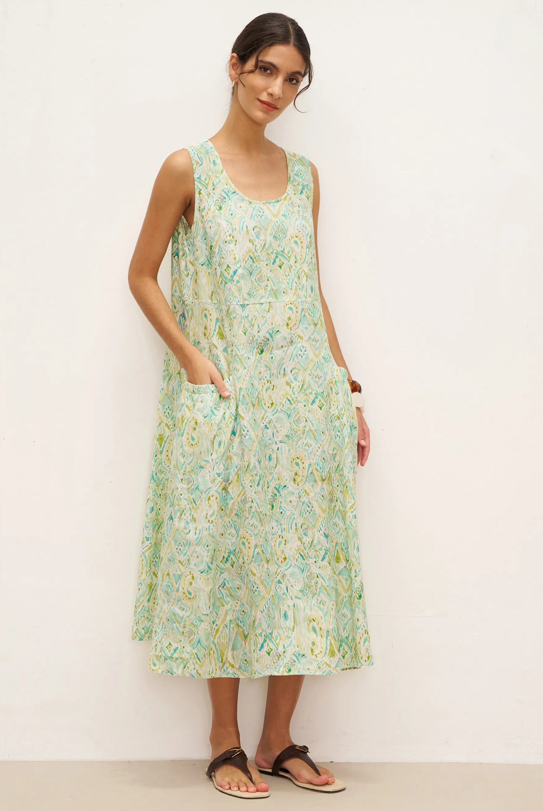 100% Linen Floral Swing Beach Tank Dress LORRAINE - DRESSES-Linen Midi