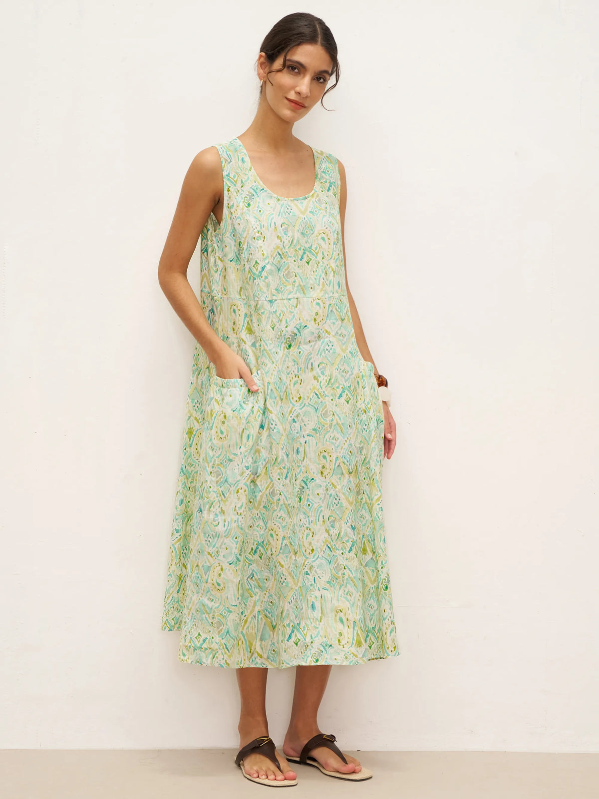 100% Linen Floral Swing Beach Tank Dress LORRAINE - DRESSES-Linen Midi