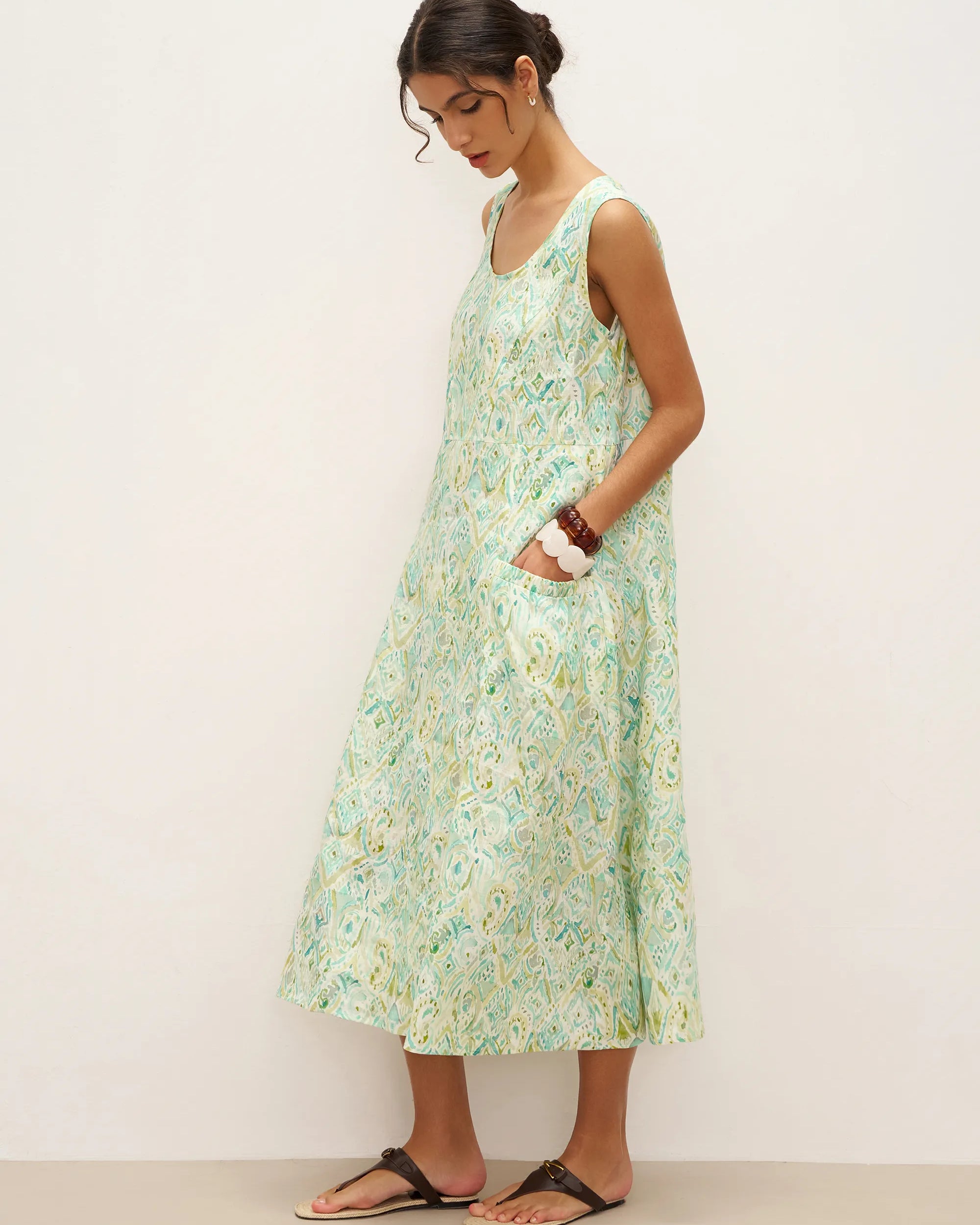 100% Linen Floral Swing Beach Tank Dress LORRAINE - DRESSES-Linen Midi