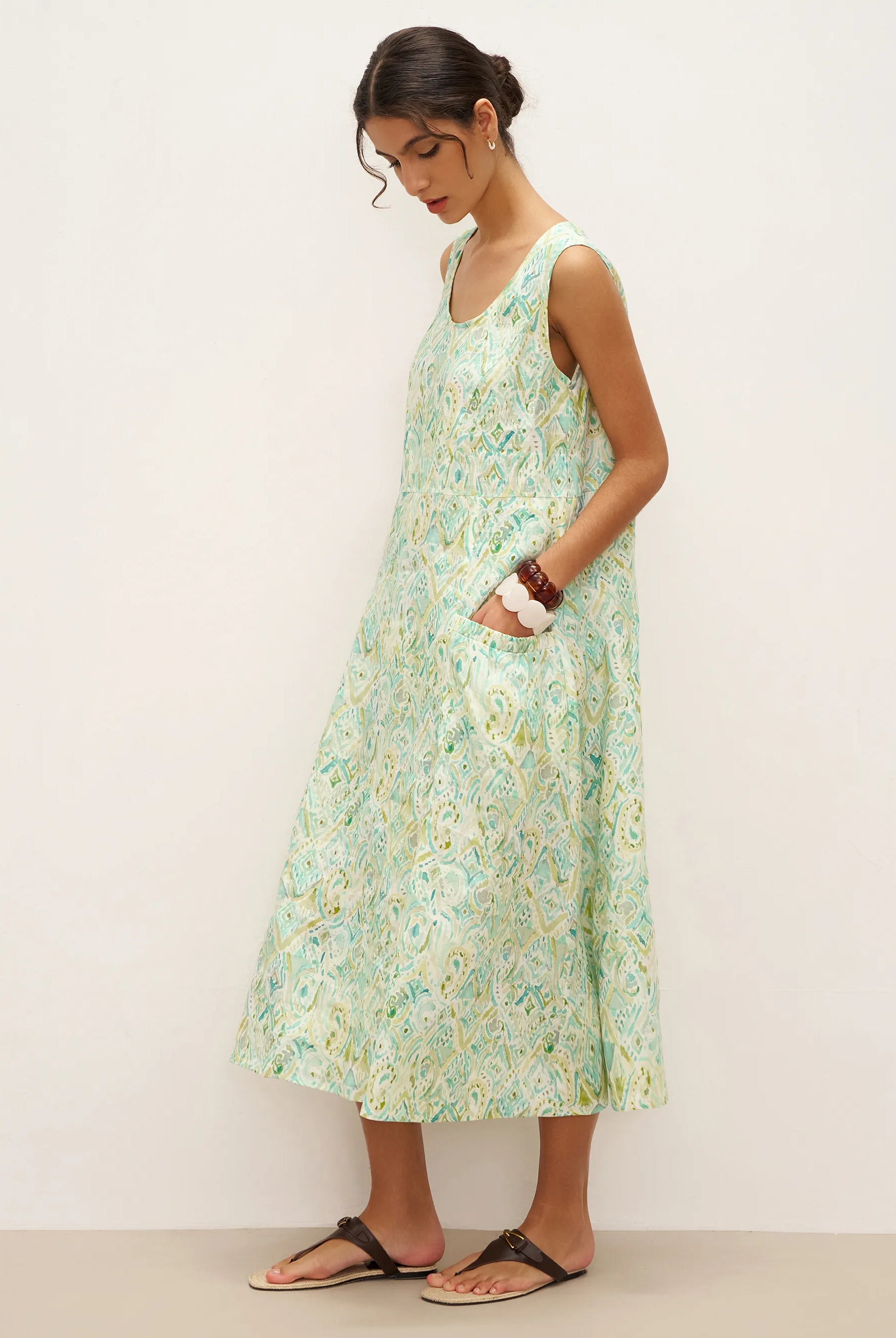 100% Linen Floral Swing Beach Tank Dress LORRAINE - DRESSES-Linen Midi