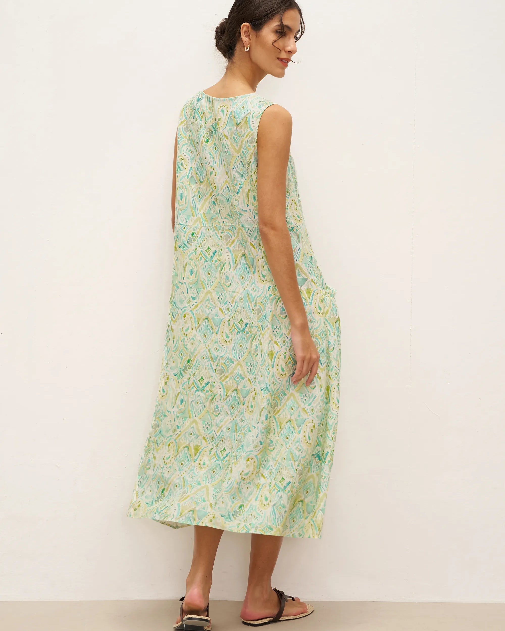 100% Linen Floral Swing Beach Tank Dress LORRAINE - DRESSES-Linen Midi