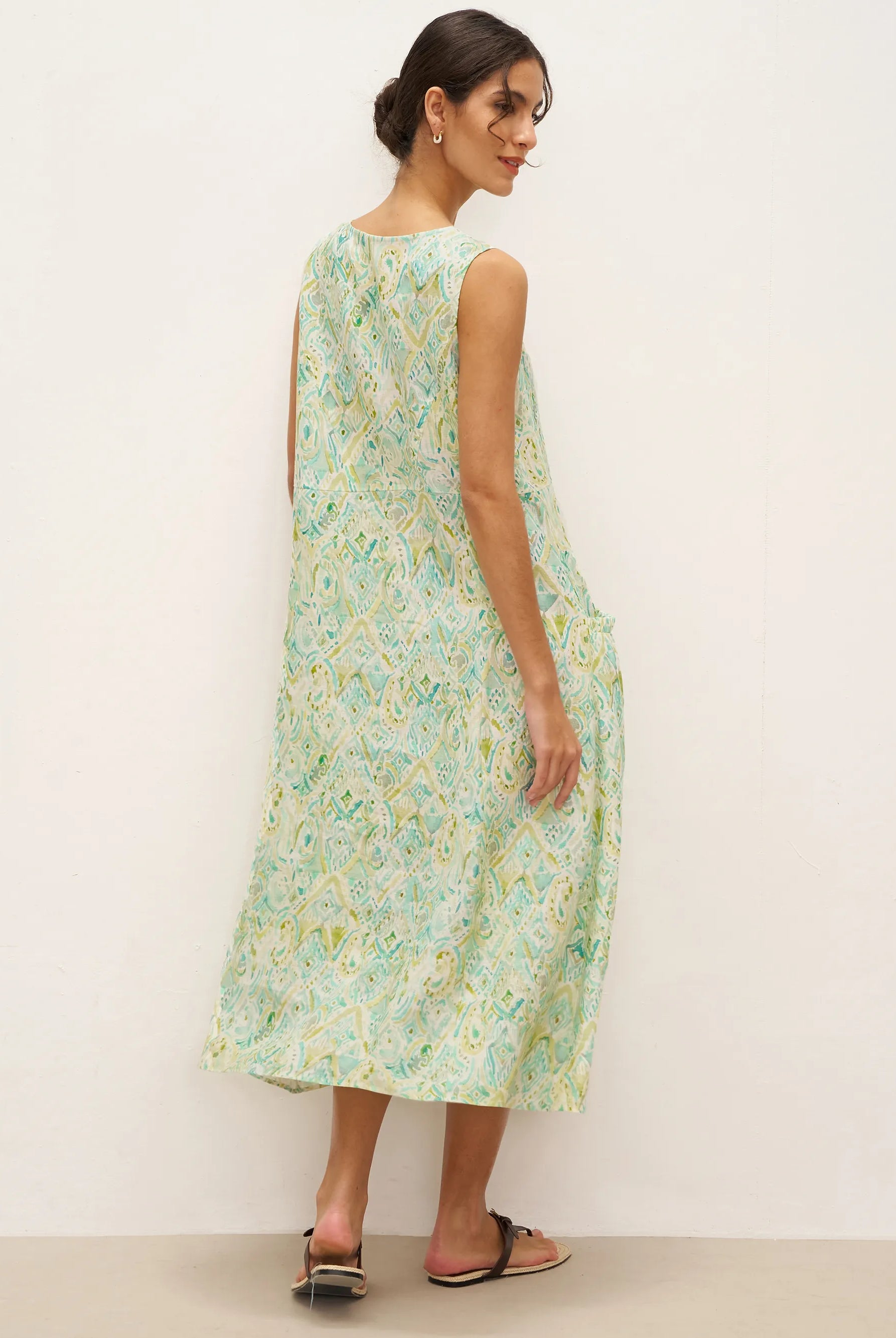 100% Linen Floral Swing Beach Tank Dress LORRAINE - DRESSES-Linen Midi