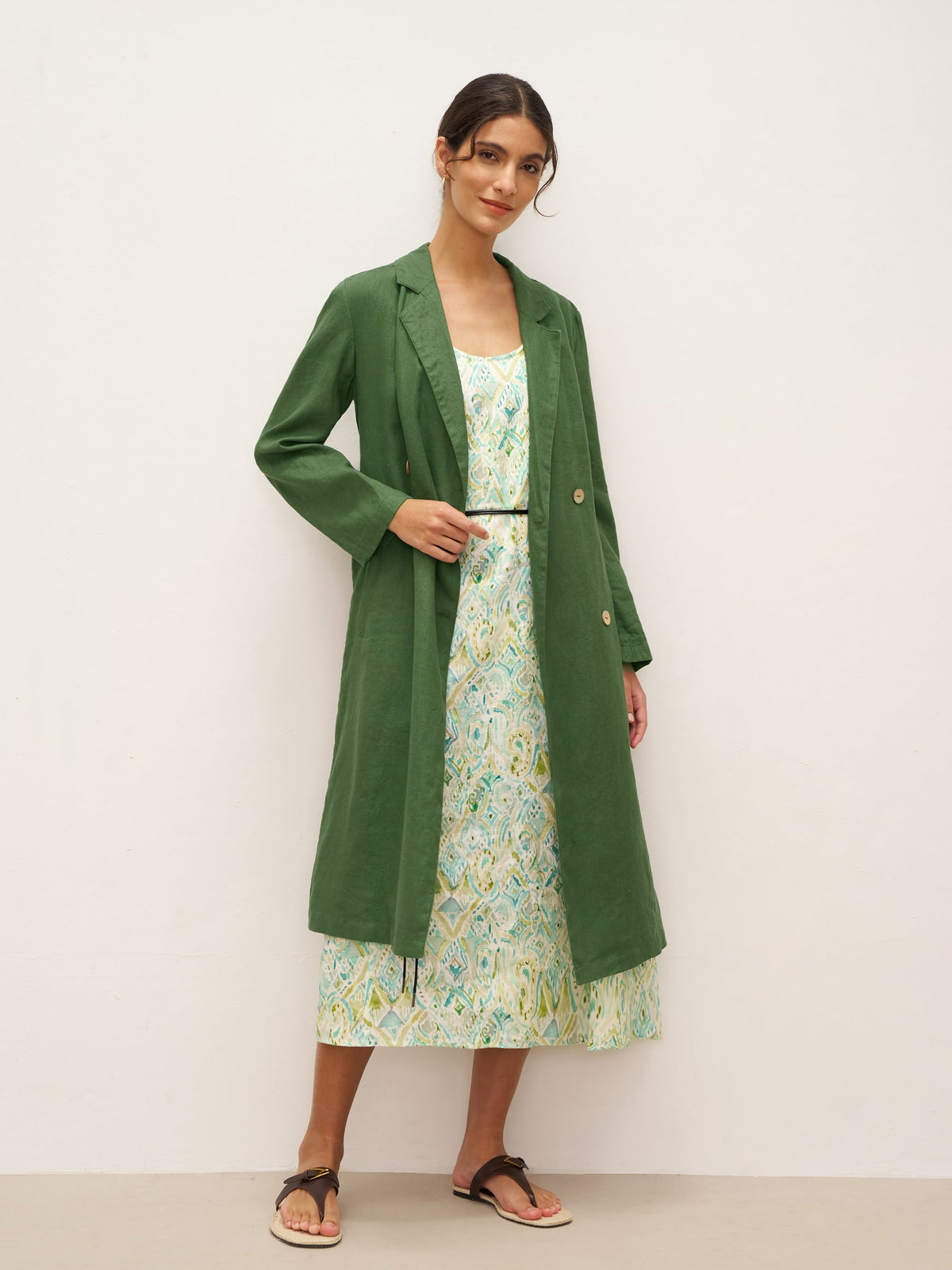 100% Linen Double-Breasted Belted Trench Coat LEILA - Sage Green / S - TOPS-Linen Jackets