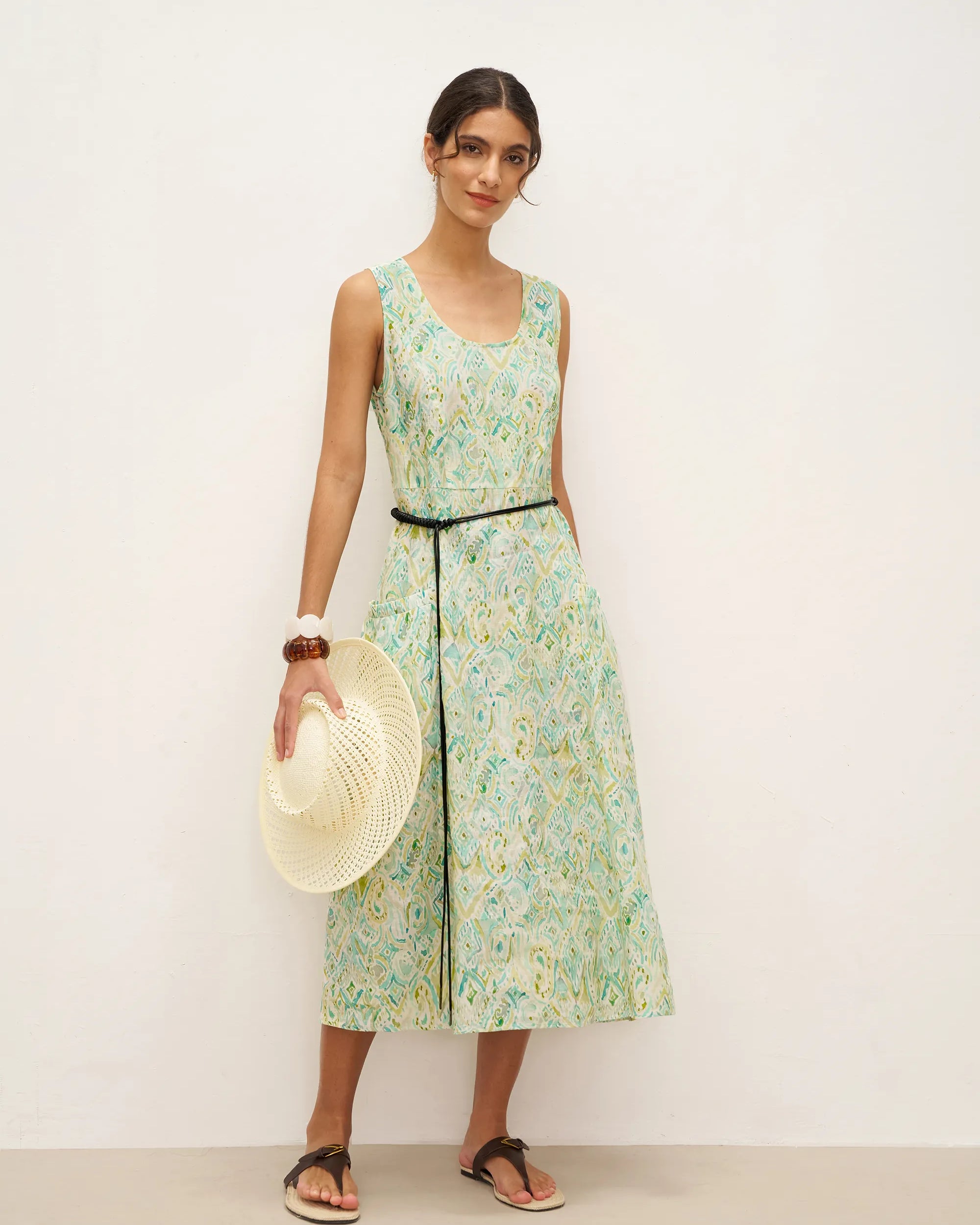 100% Linen Floral Swing Beach Tank Dress LORRAINE - DRESSES-Linen Midi