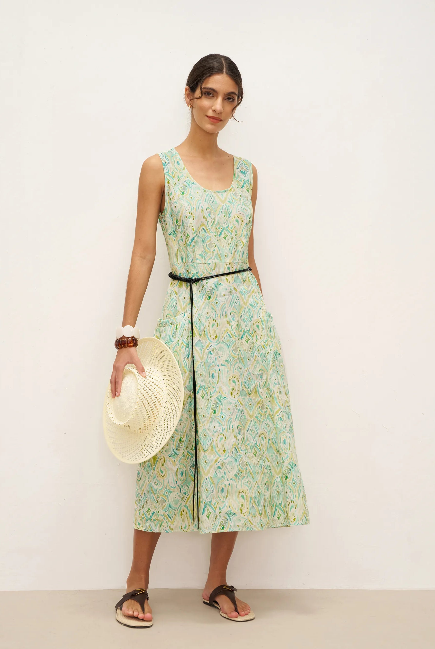 100% Linen Floral Swing Beach Tank Dress LORRAINE - DRESSES-Linen Midi