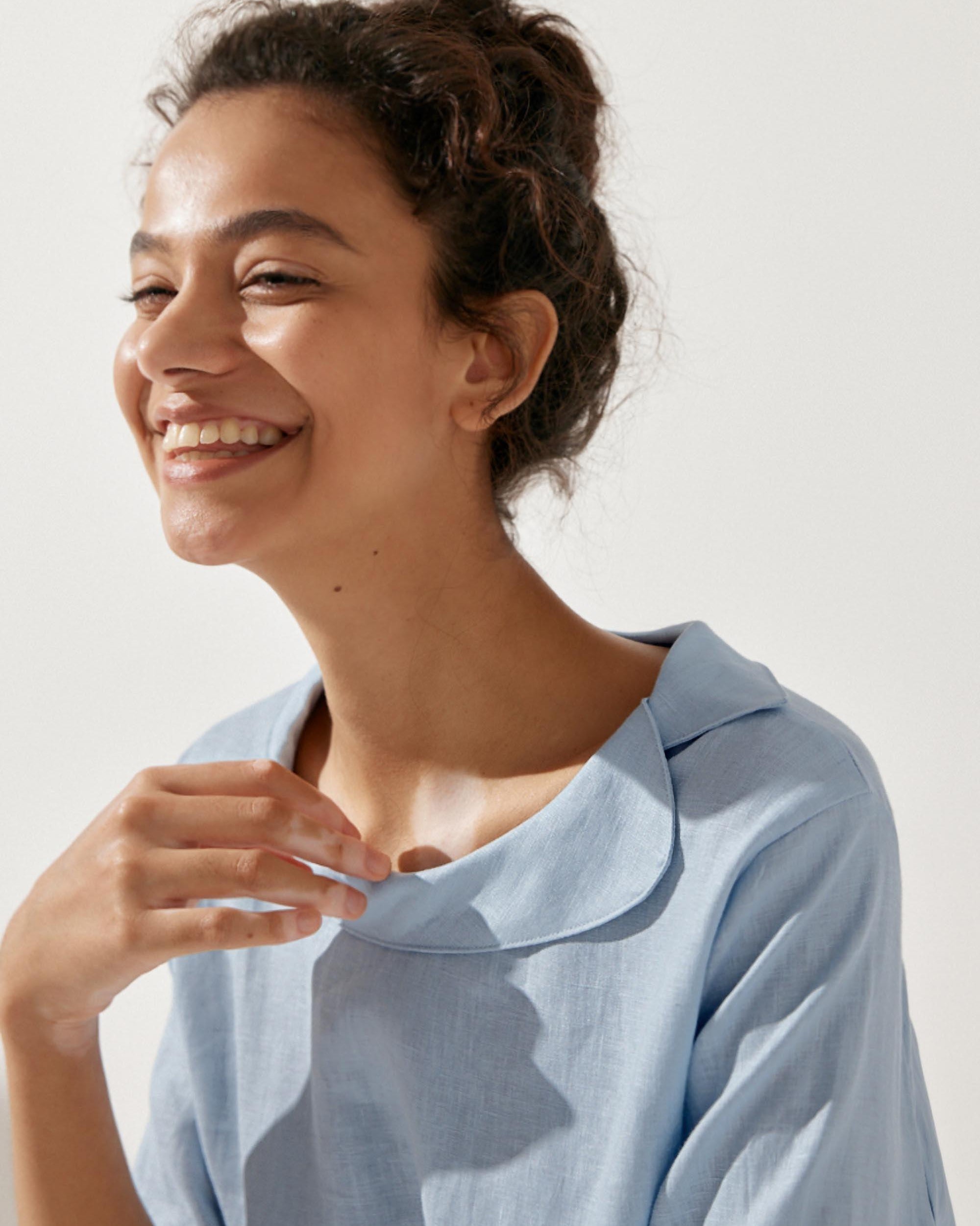 Linen Round Soft-Fold Collar Top ANAIS - TOPS-Linen Blouses