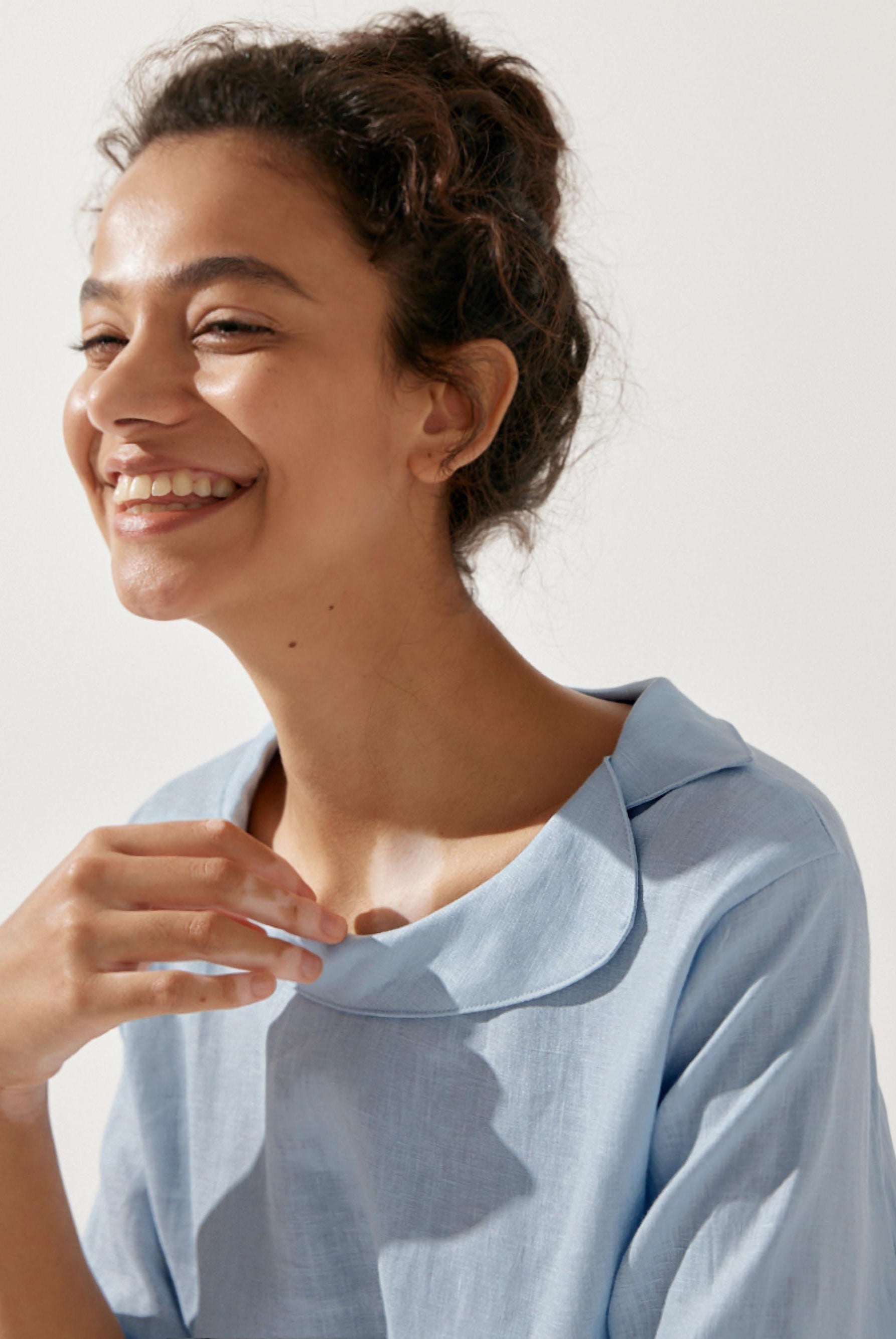 Linen Round Soft-Fold Collar Top ANAIS - TOPS-Linen Blouses
