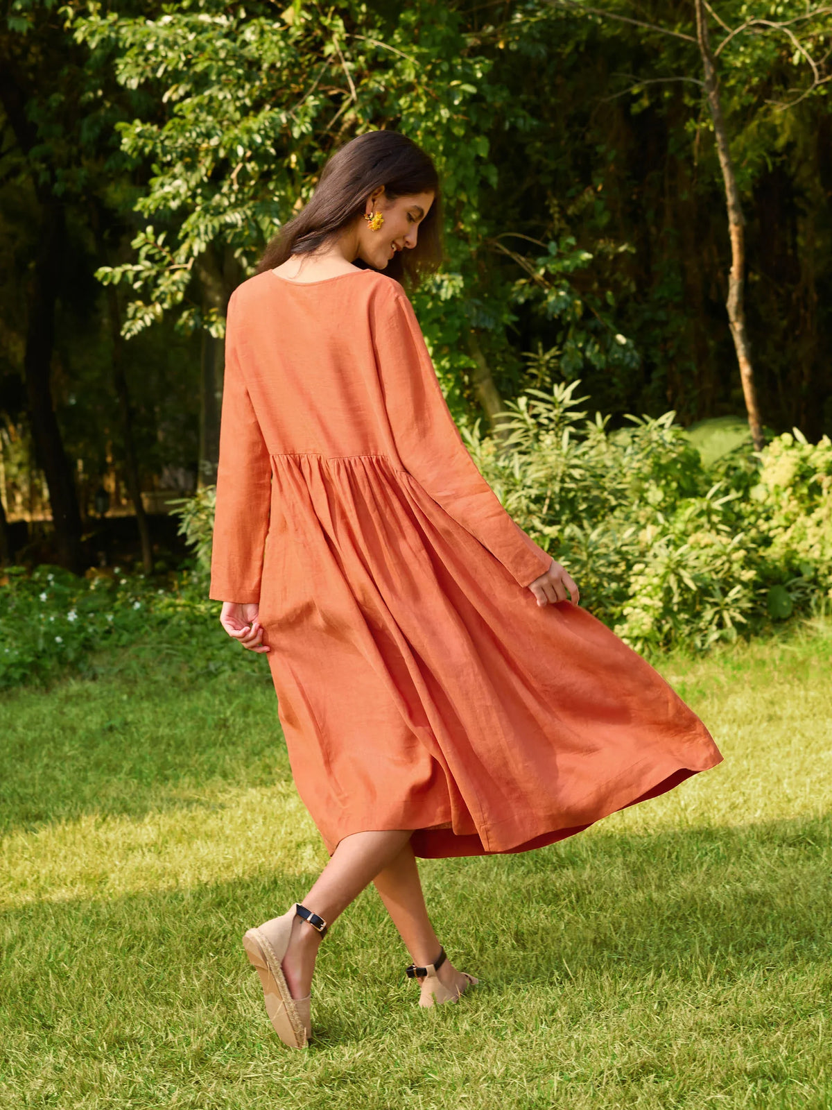 100% Linen Long Sleeve Waist-Ruffle Smock Midi Dress DANY - DRESSES-Linen